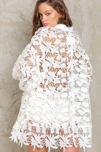 Ladies Lace Crochet Balloon Sleeve Button Down White Shirt