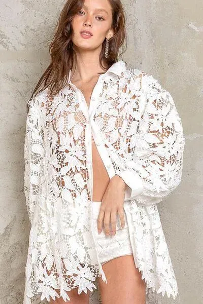 Ladies Lace Crochet Balloon Sleeve Button Down White Shirt