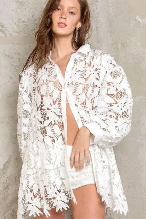 Ladies Lace Crochet Balloon Sleeve Button Down White Shirt