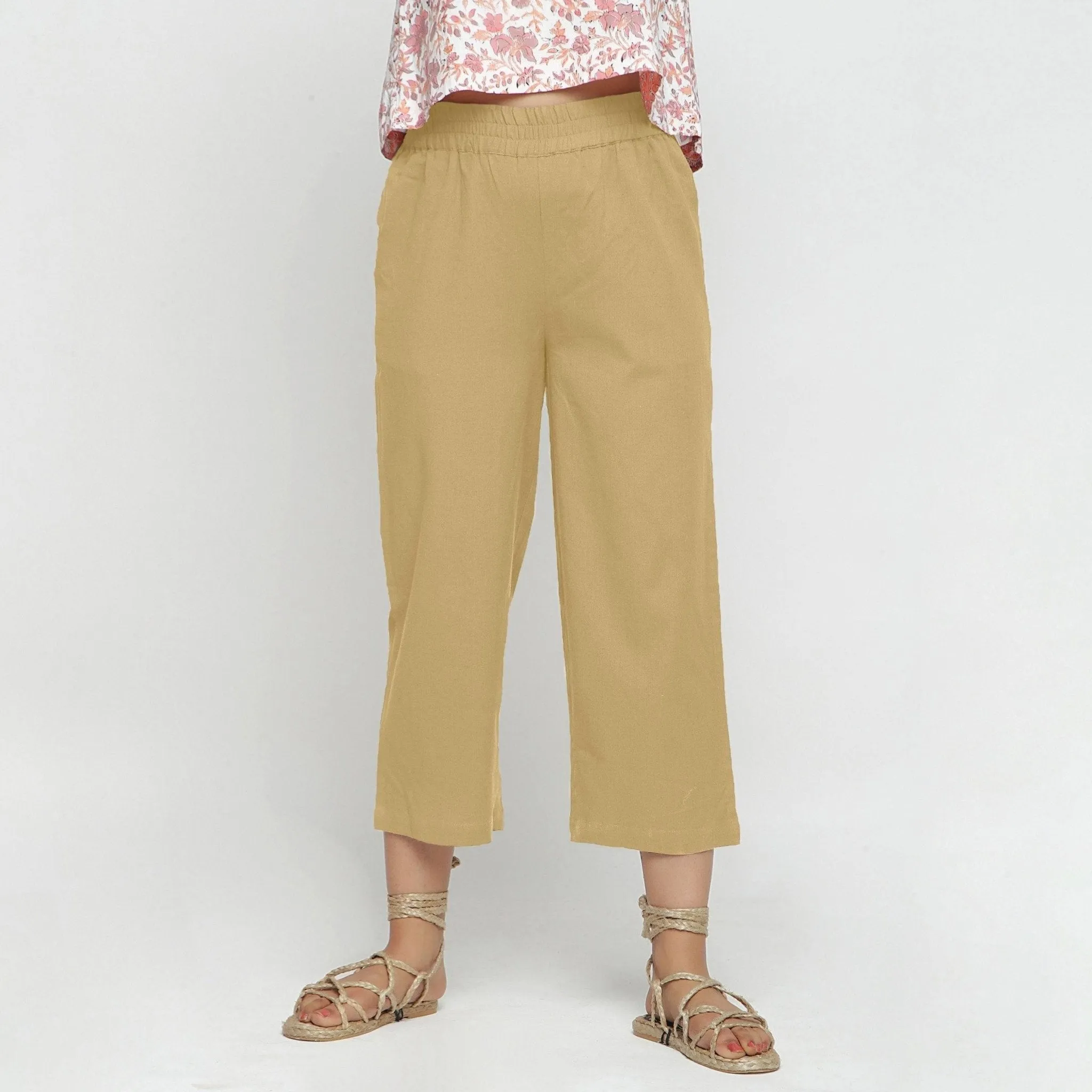 Light Khaki Cotton Flax Elasticated Midi-Rise Culottes