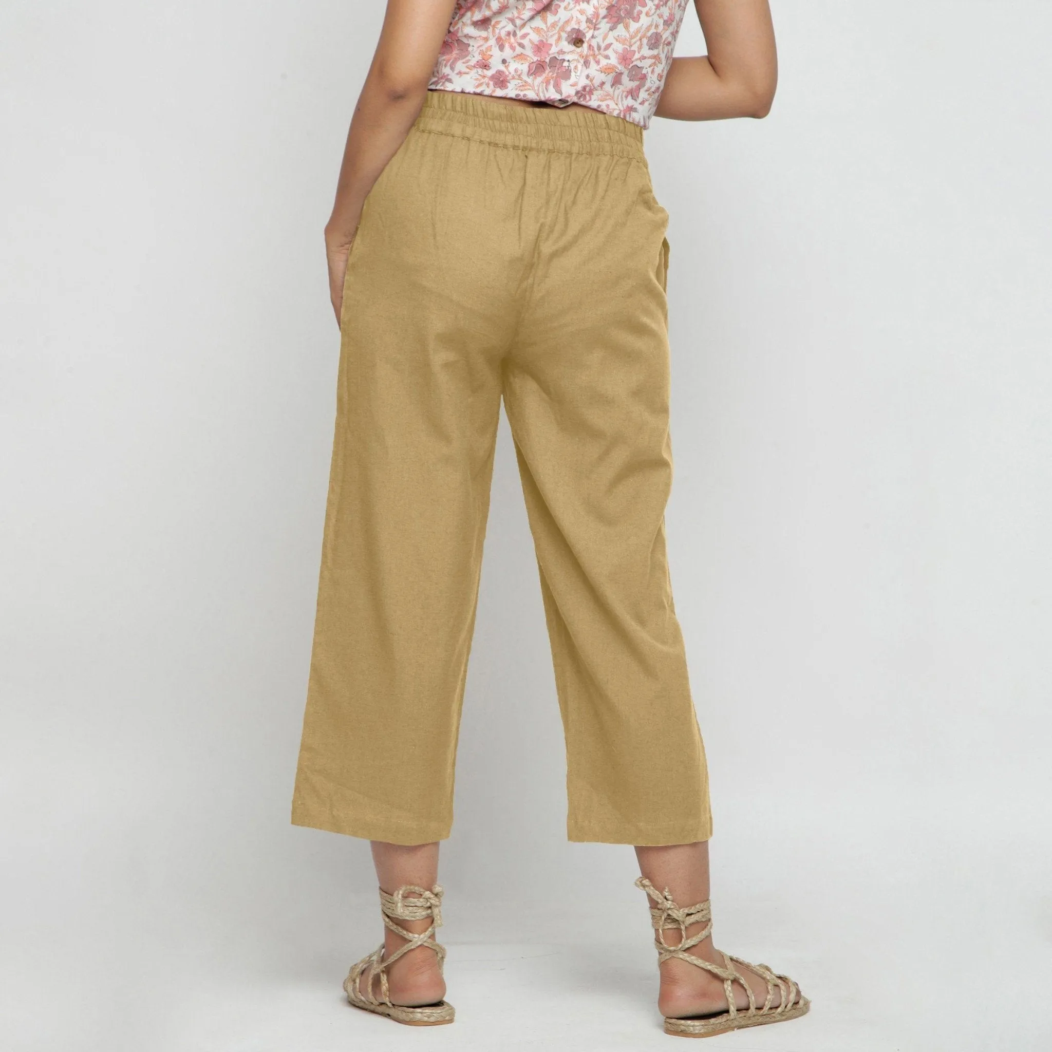 Light Khaki Cotton Flax Elasticated Midi-Rise Culottes