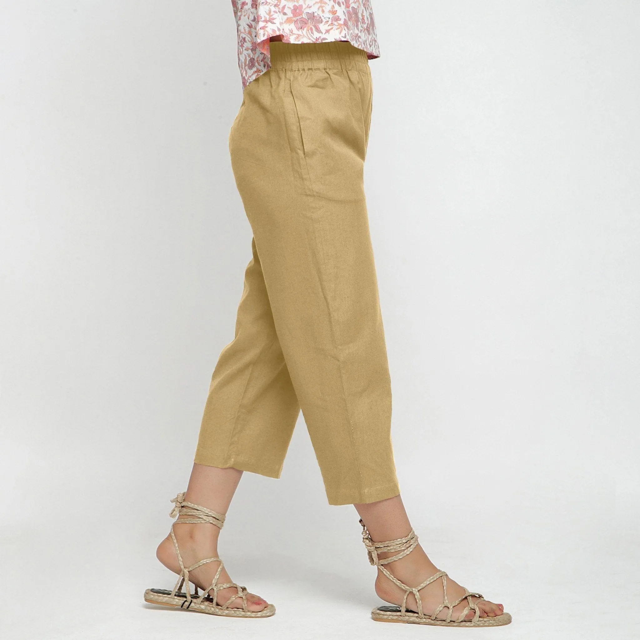Light Khaki Cotton Flax Elasticated Midi-Rise Culottes
