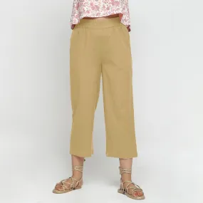 Light Khaki Cotton Flax Elasticated Midi-Rise Culottes
