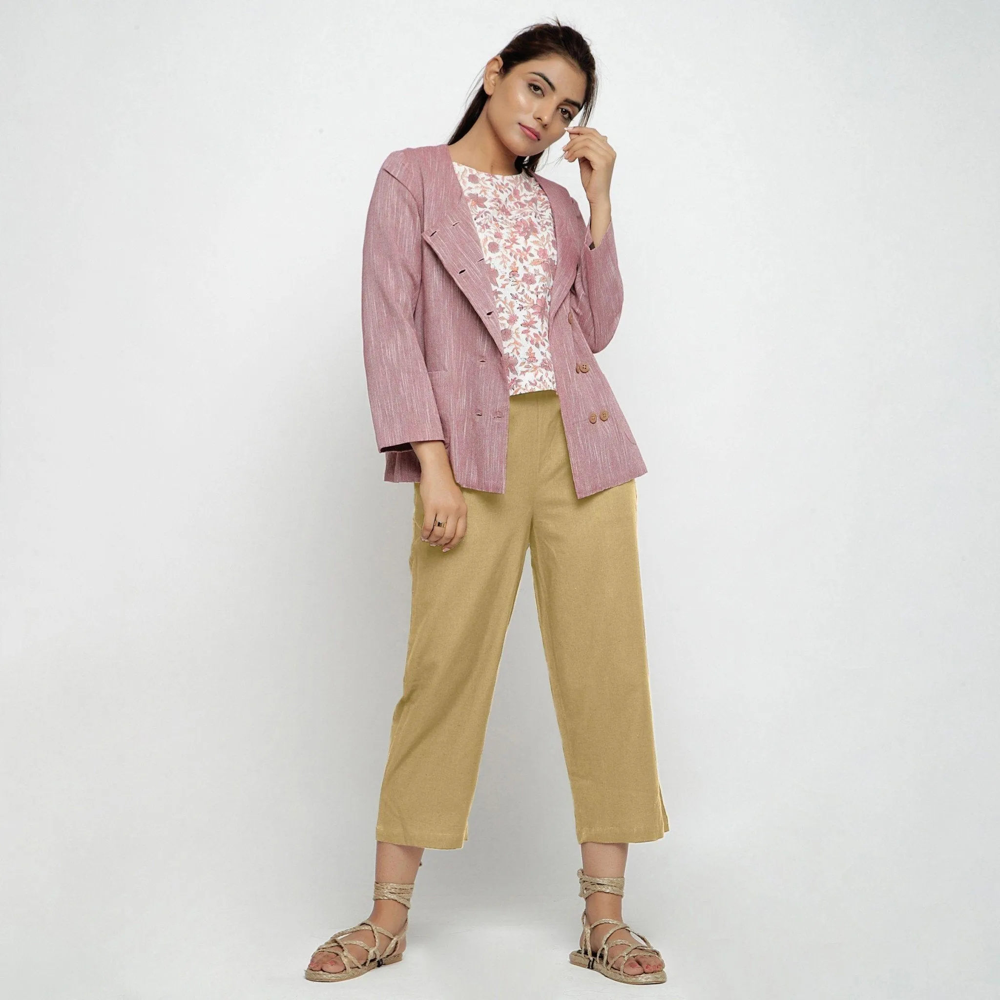 Light Khaki Cotton Flax Elasticated Midi-Rise Culottes