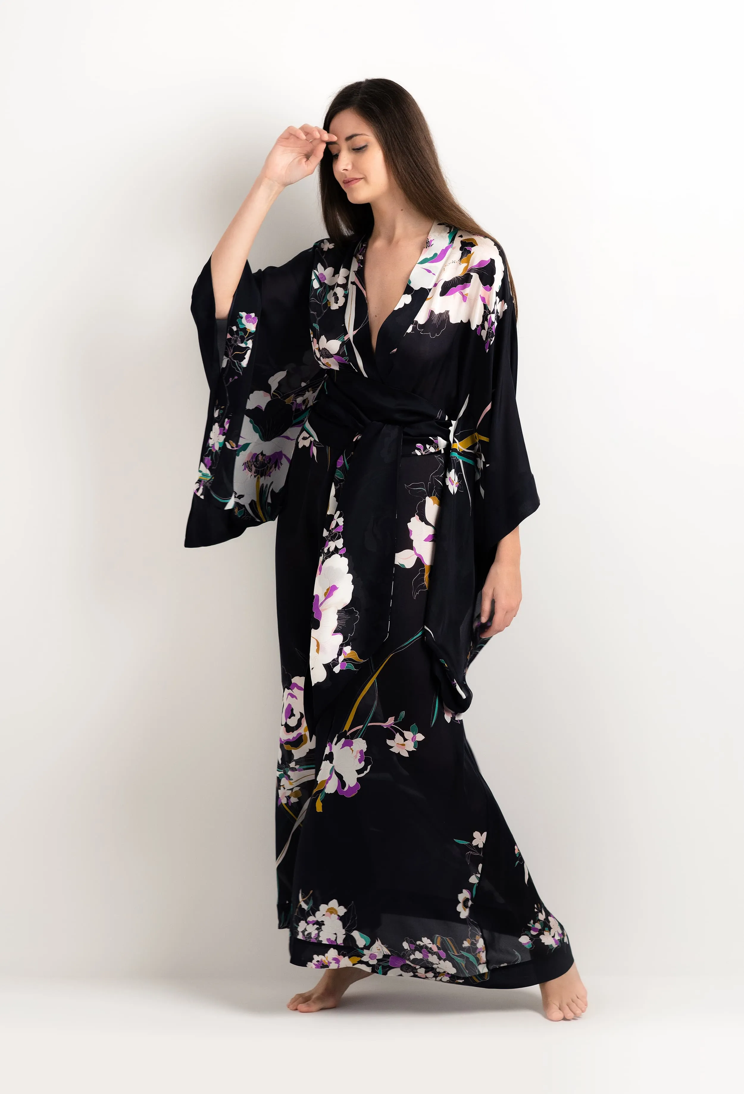Long silk kimono - Shadow of paradise Black