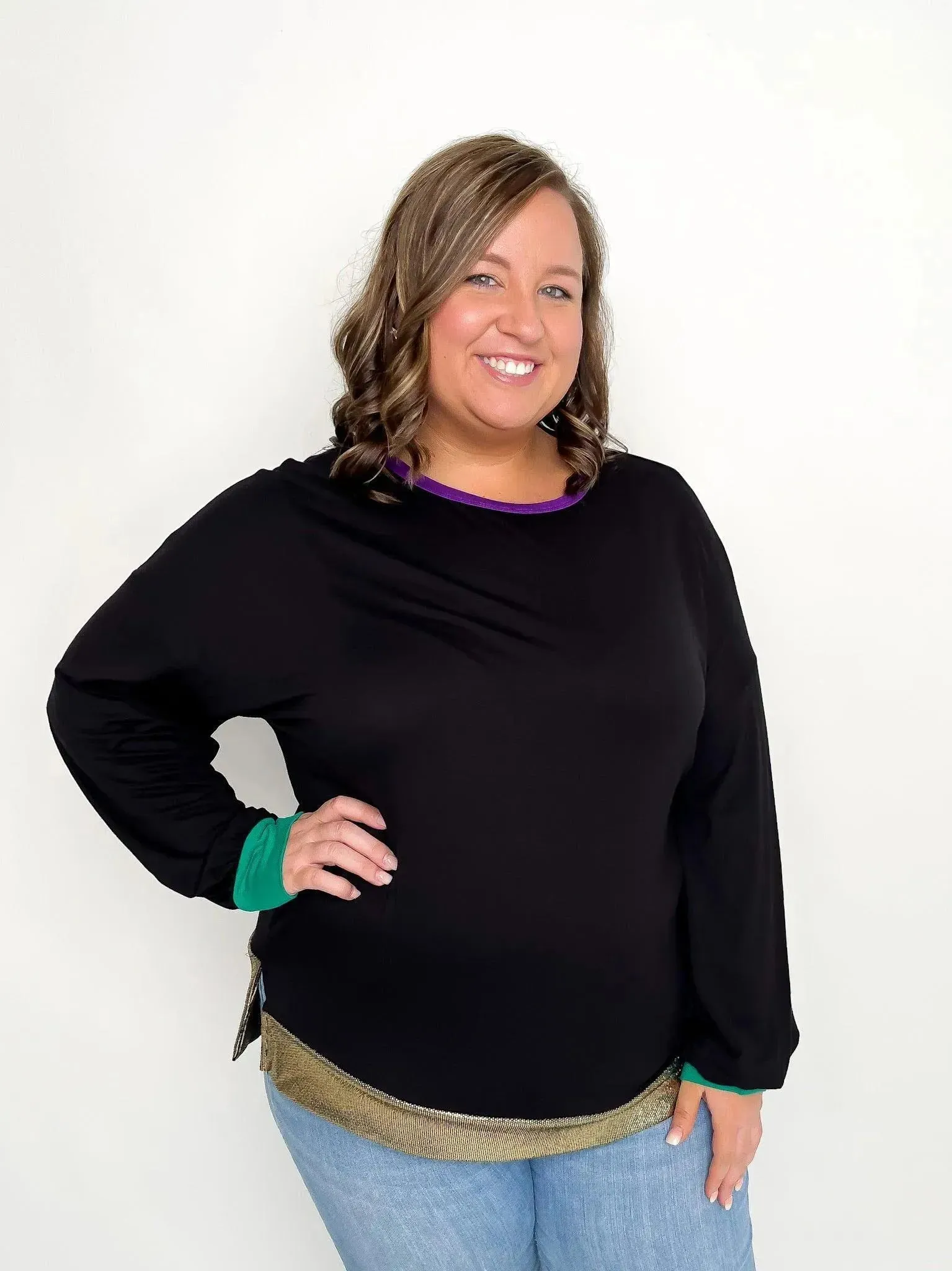 Mardi Gras Black Balloon Sleeve Top