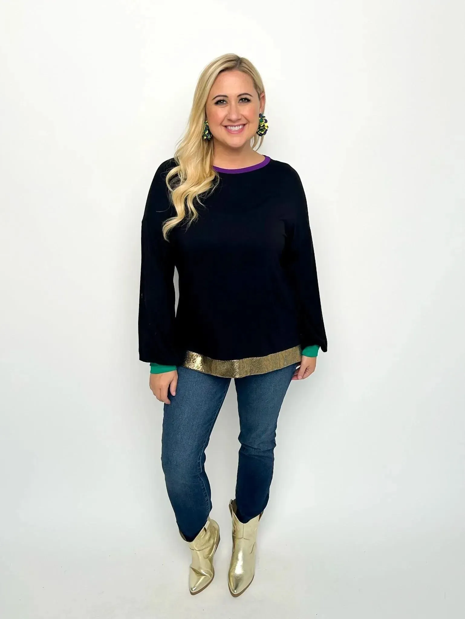 Mardi Gras Black Balloon Sleeve Top