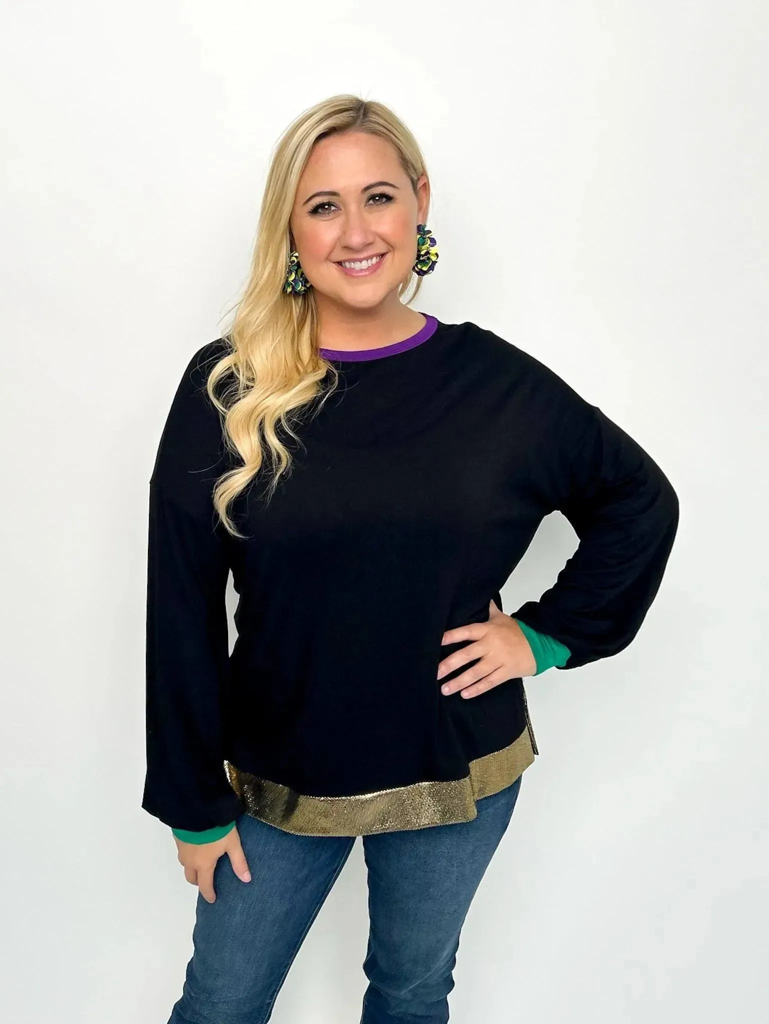 Mardi Gras Black Balloon Sleeve Top