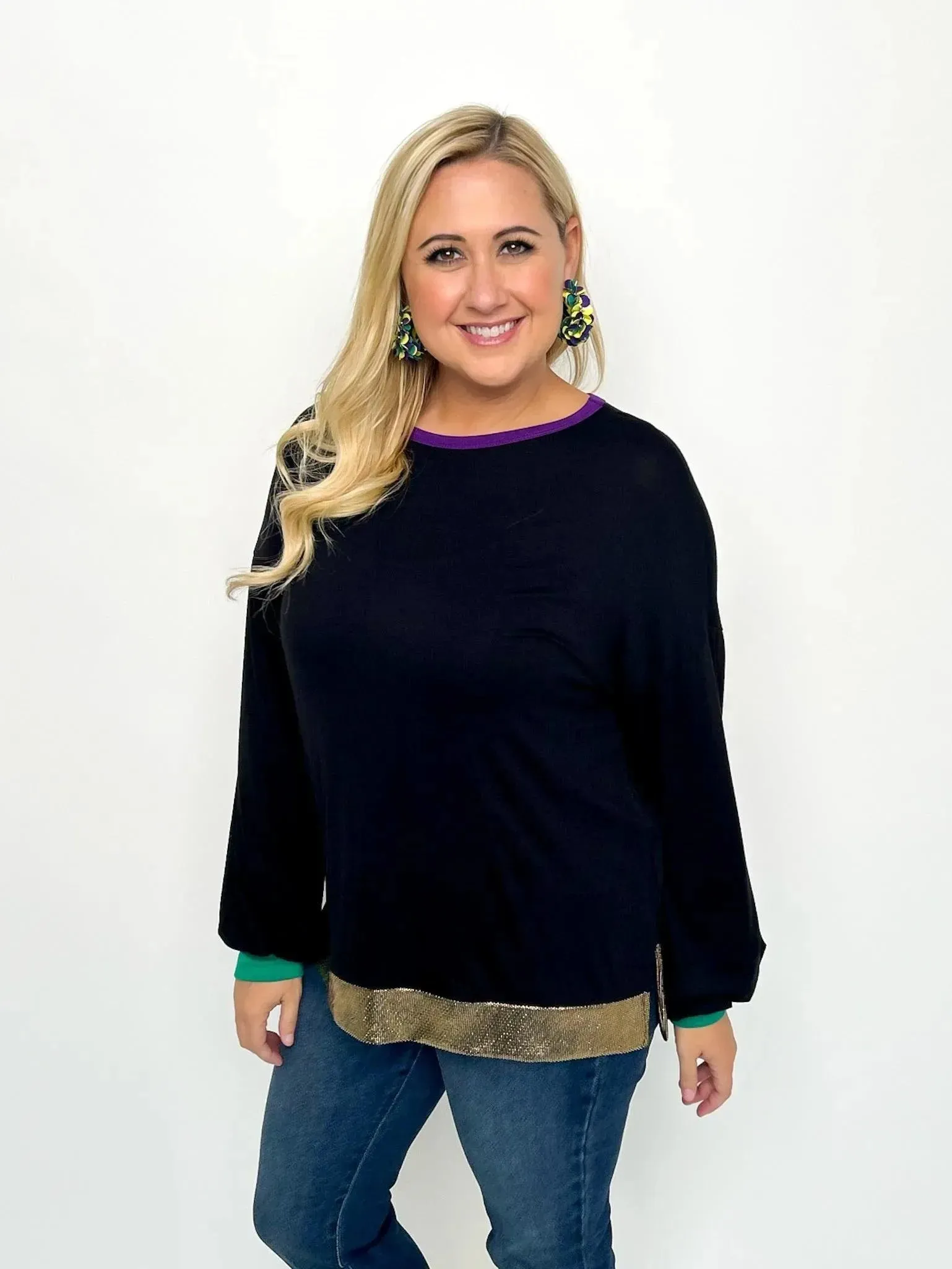 Mardi Gras Black Balloon Sleeve Top