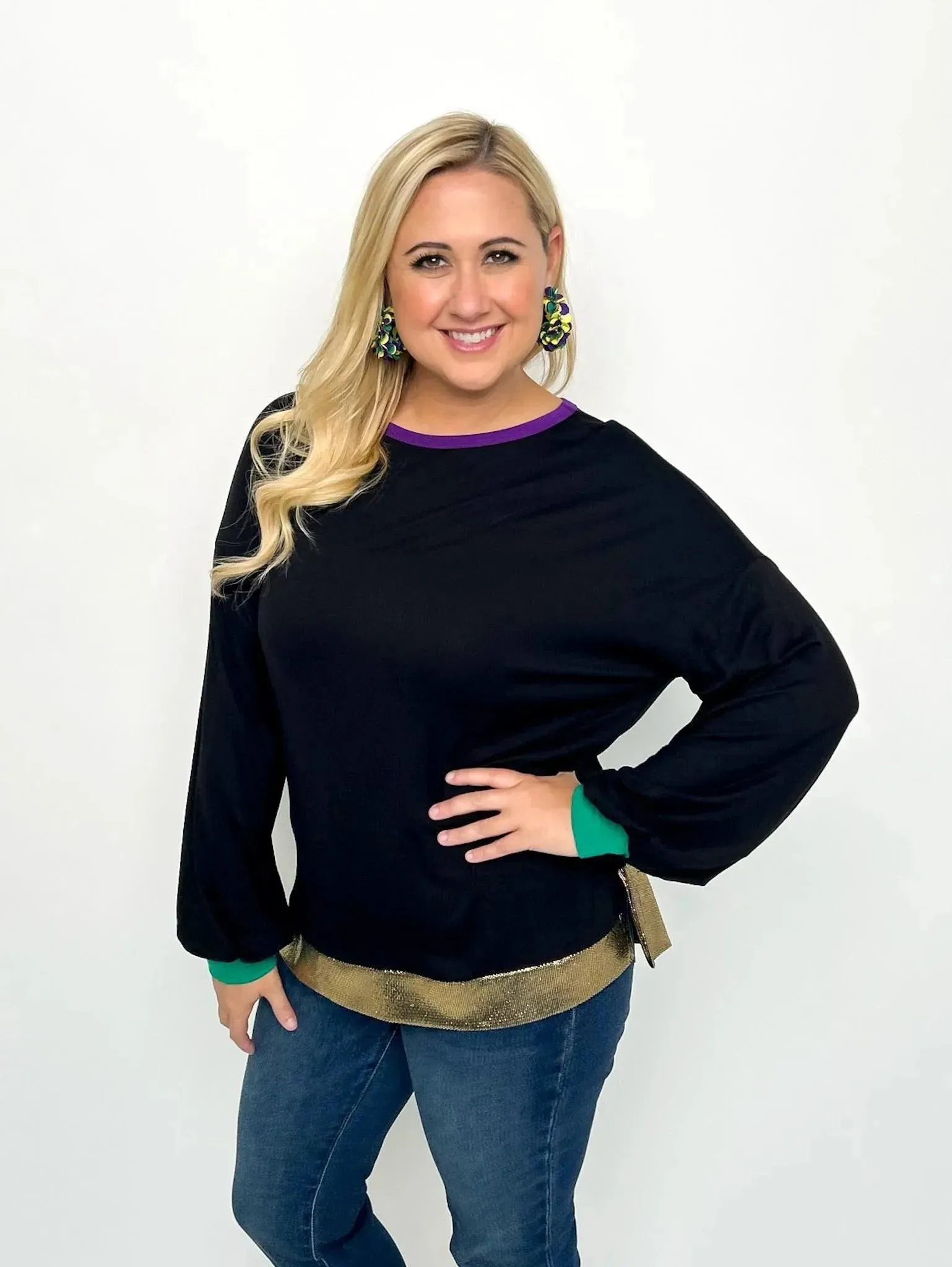 Mardi Gras Black Balloon Sleeve Top