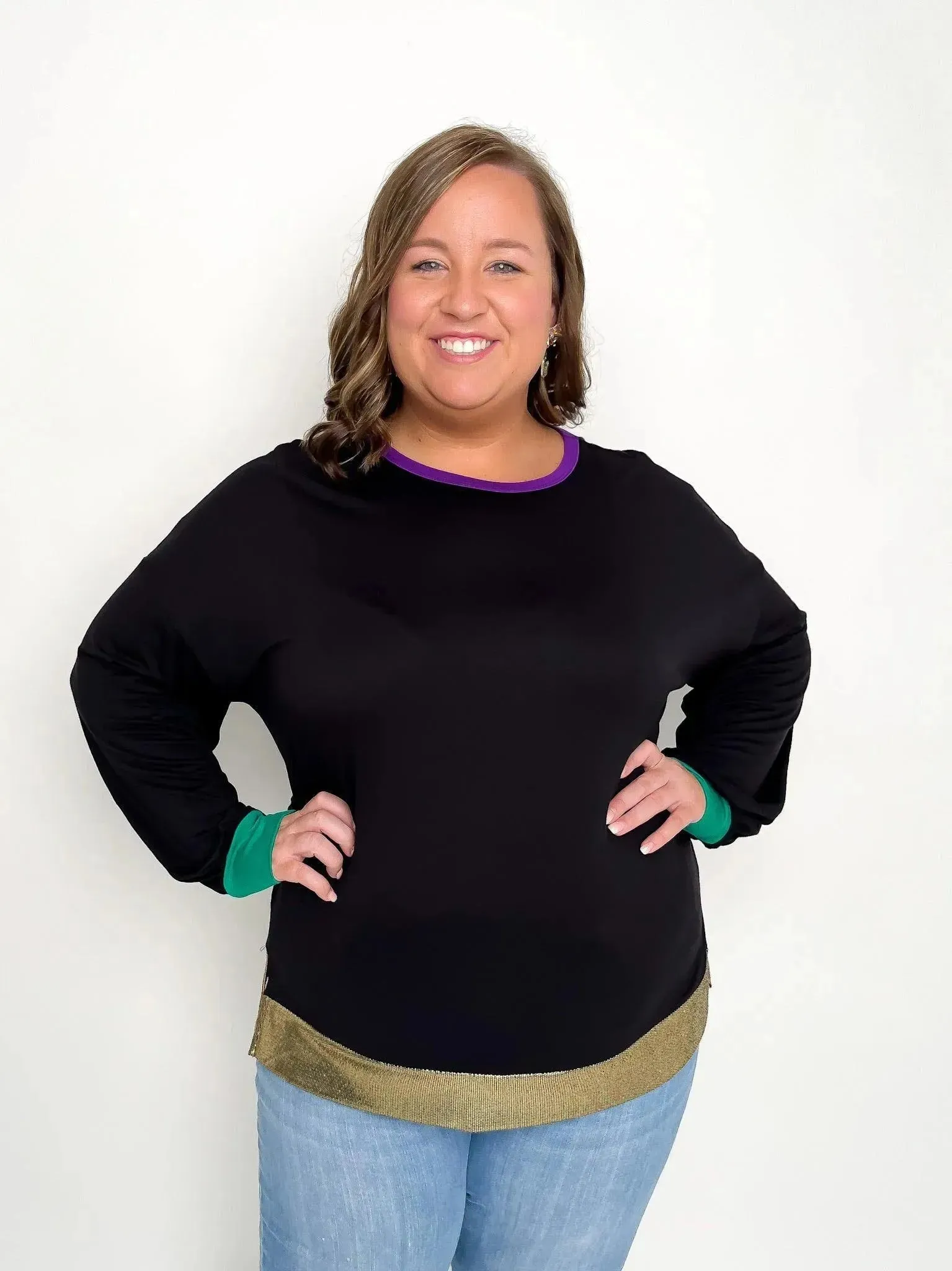 Mardi Gras Black Balloon Sleeve Top