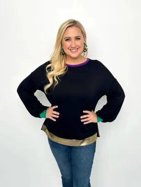 Mardi Gras Black Balloon Sleeve Top