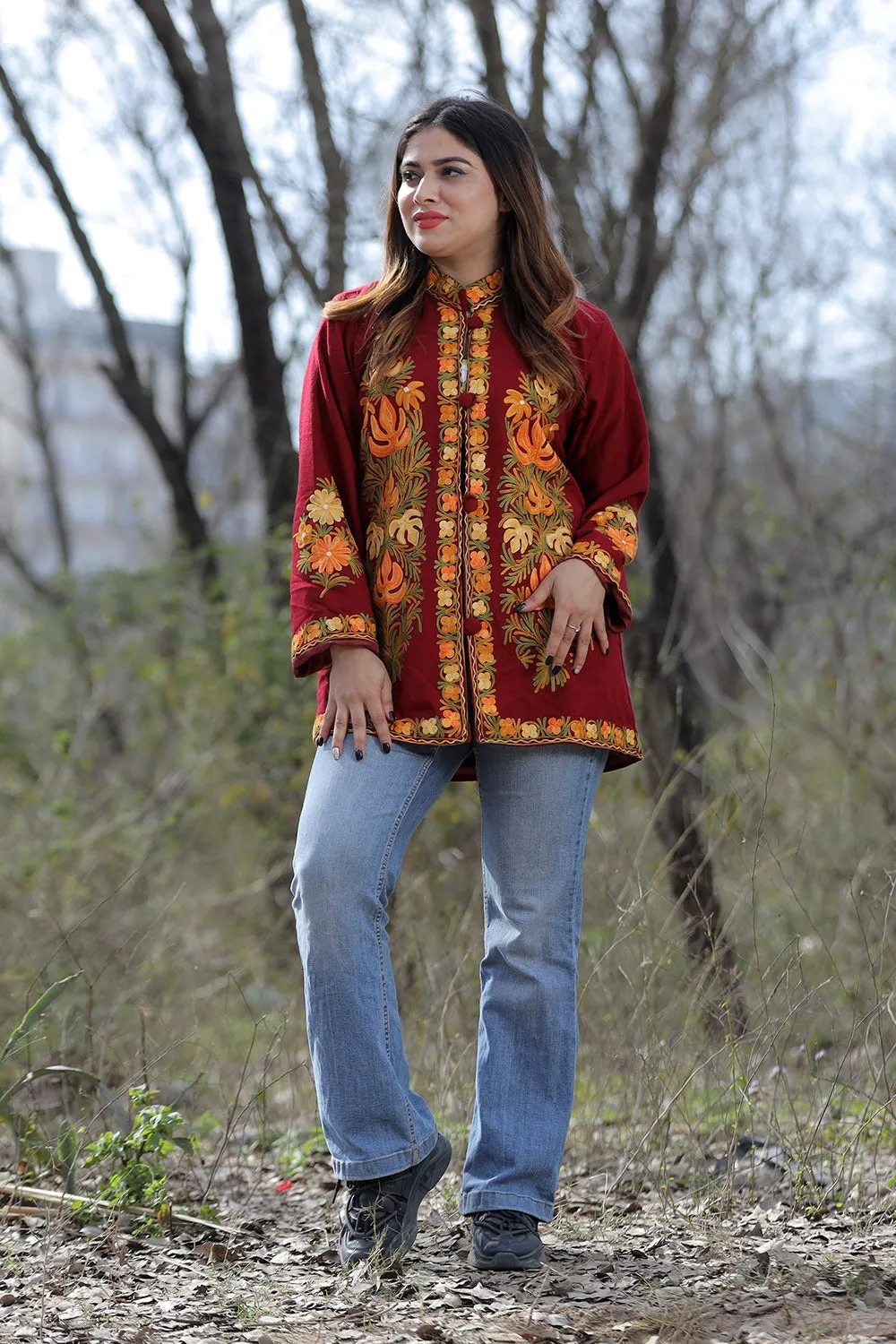 Maroon Aari Work Embroidered Jacket With Beautiful Designer Pattern Defines Sophistication.