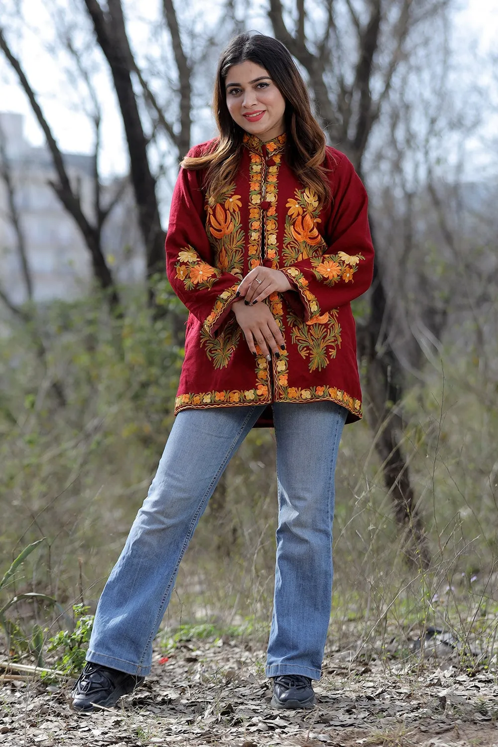 Maroon Aari Work Embroidered Jacket With Beautiful Designer Pattern Defines Sophistication.