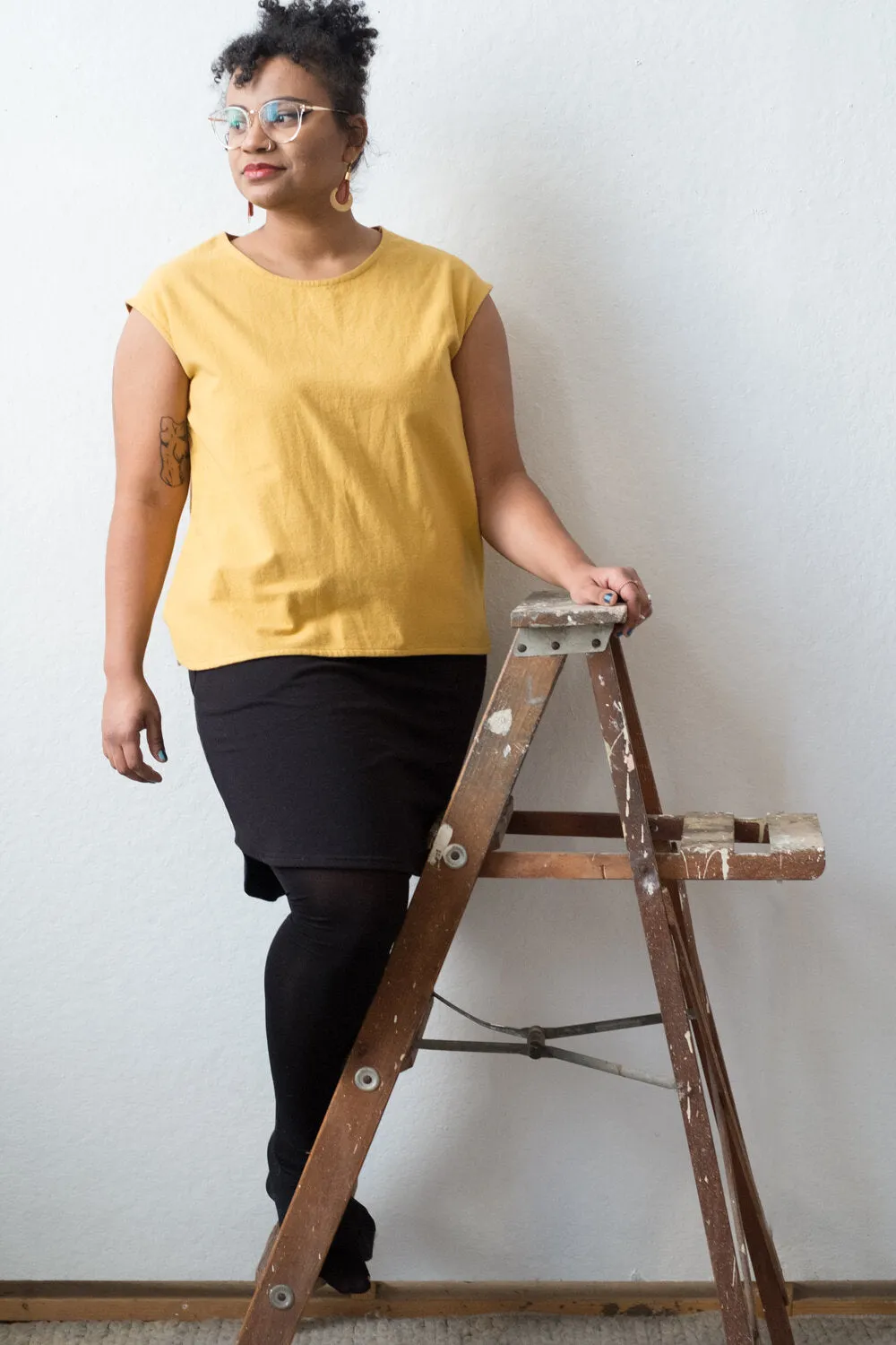 Michelle Cap Sleeve Top in Ochre Flannel (S, L)
