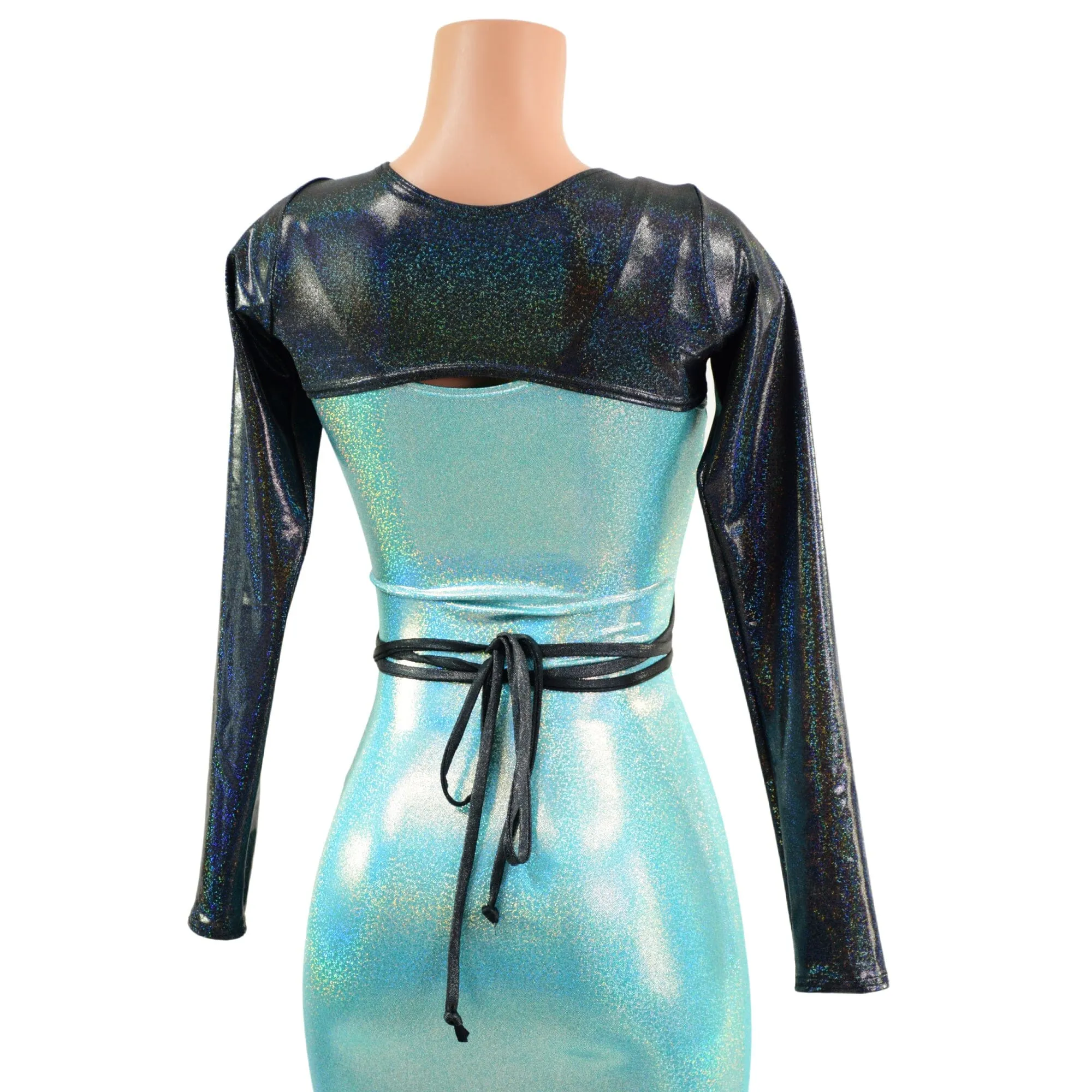 O-ring Front Bolero with Removable Body Wrap Tie in Black Holographic