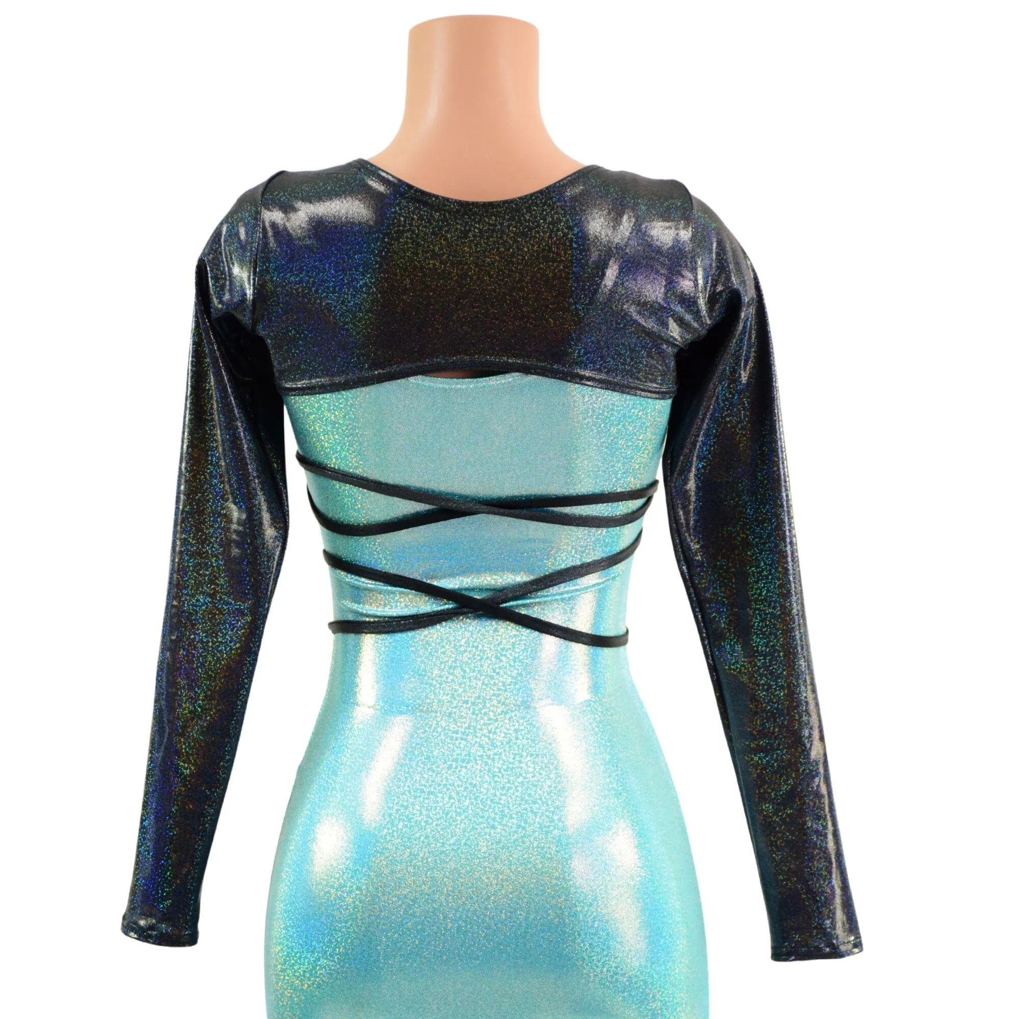 O-ring Front Bolero with Removable Body Wrap Tie in Black Holographic