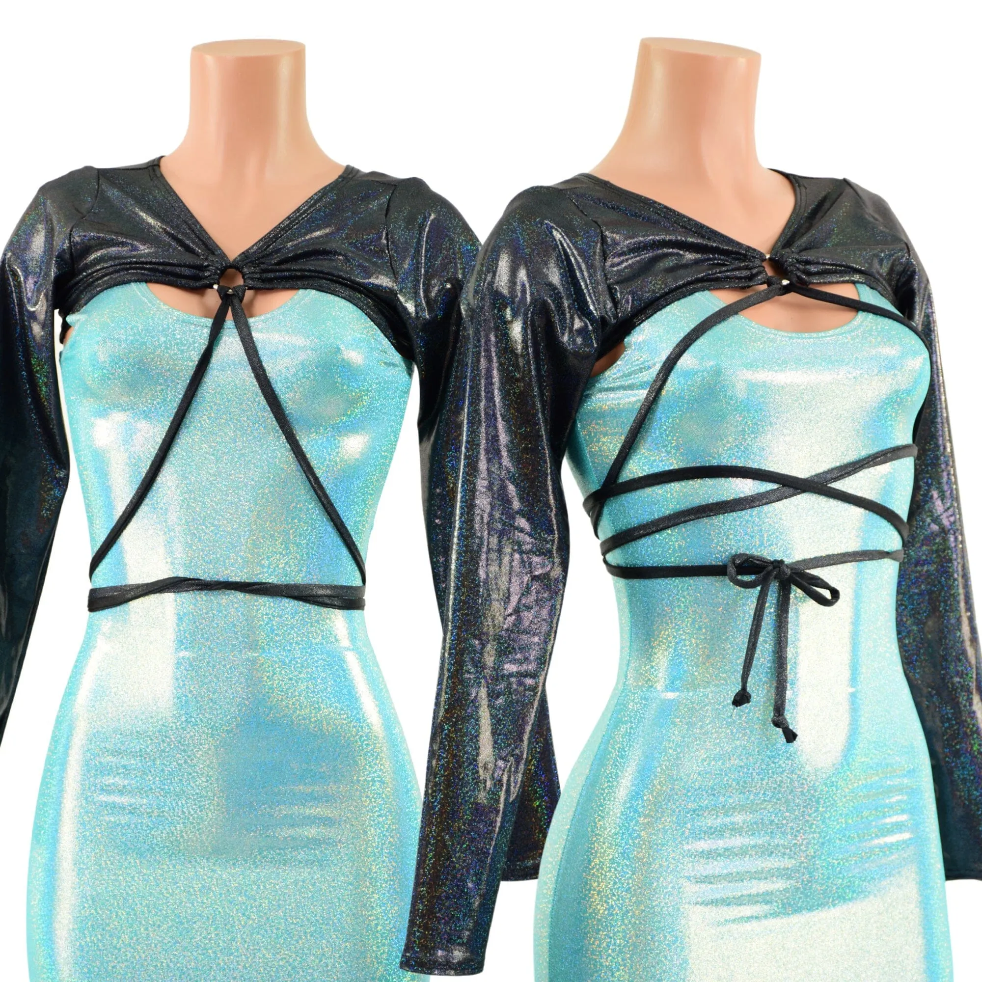 O-ring Front Bolero with Removable Body Wrap Tie in Black Holographic