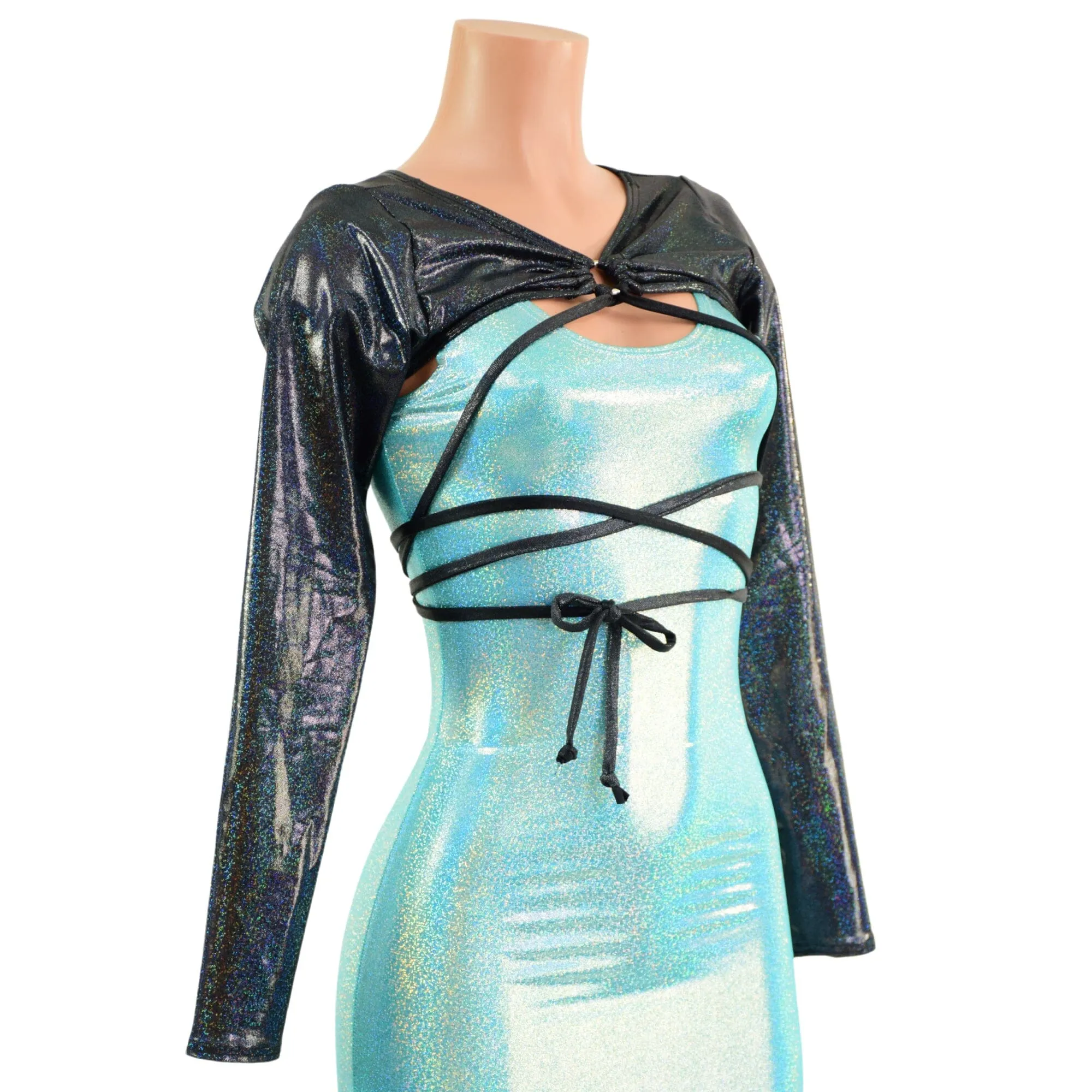 O-ring Front Bolero with Removable Body Wrap Tie in Black Holographic