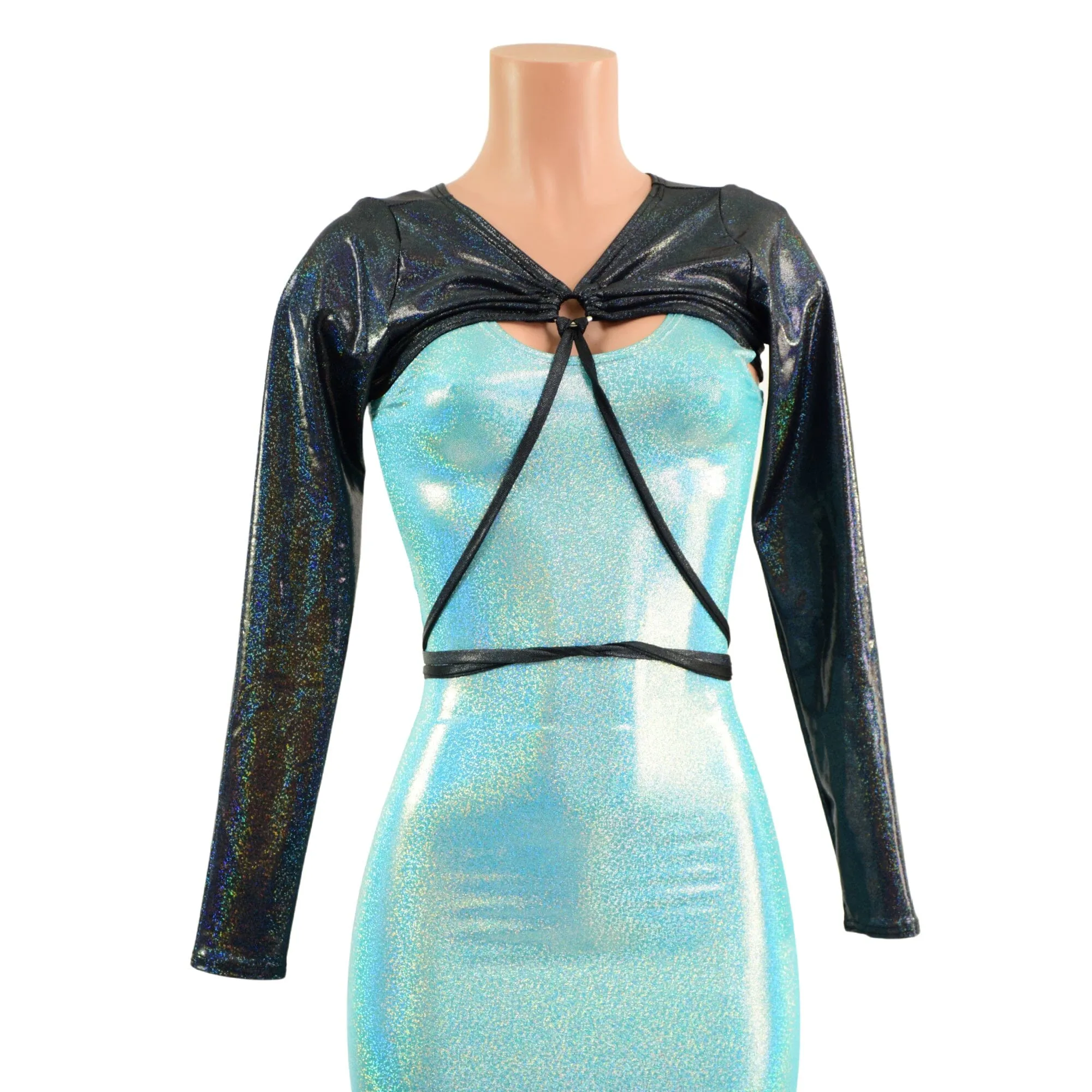 O-ring Front Bolero with Removable Body Wrap Tie in Black Holographic