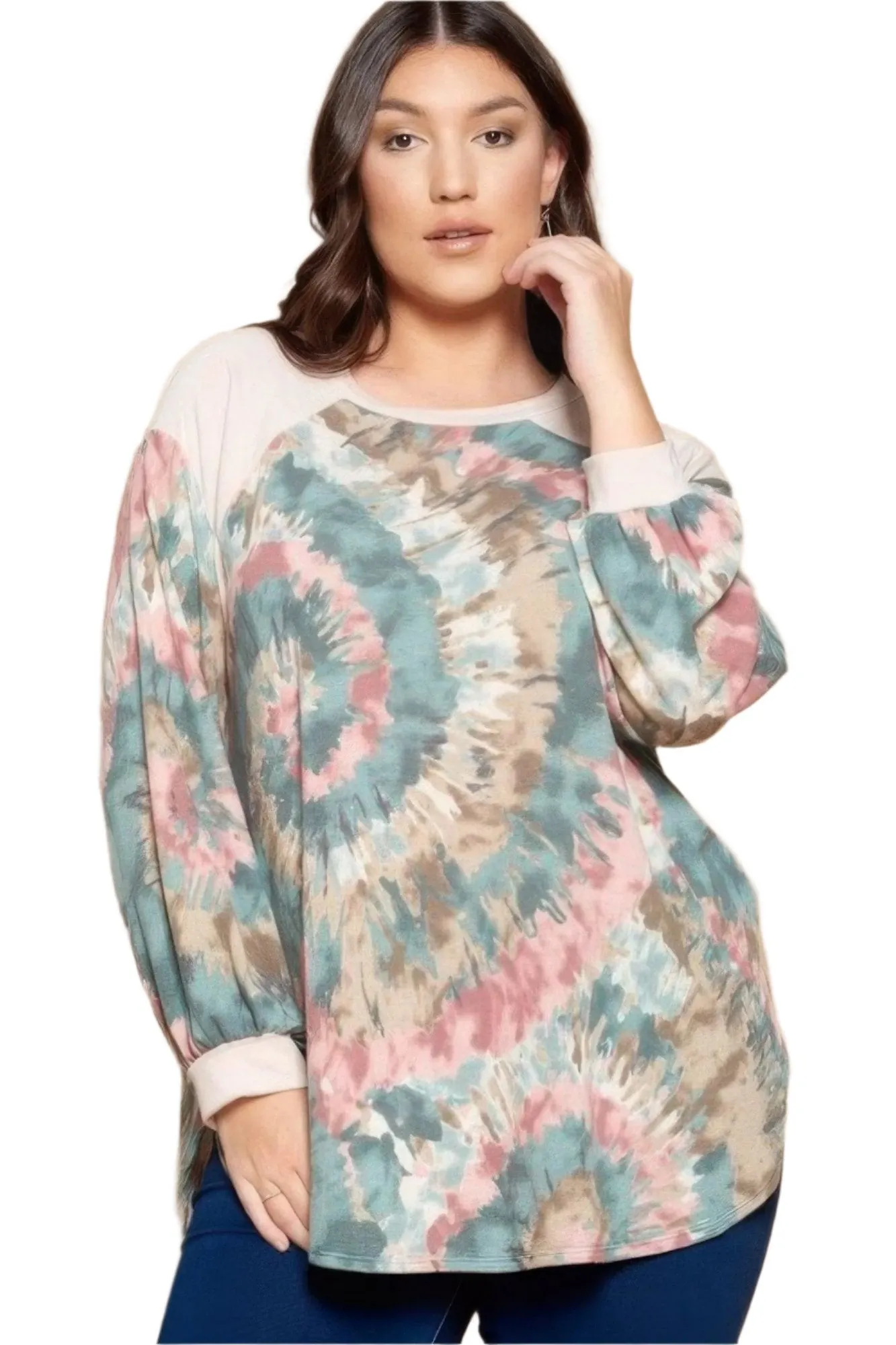 Plus Tie Dye French Terry Balloon Sleeve Top