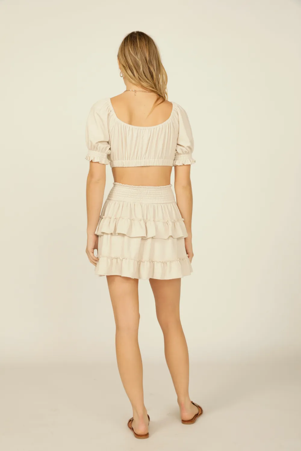 Sand Rib Knit Tie Front Balloon Sleeve Crop Top