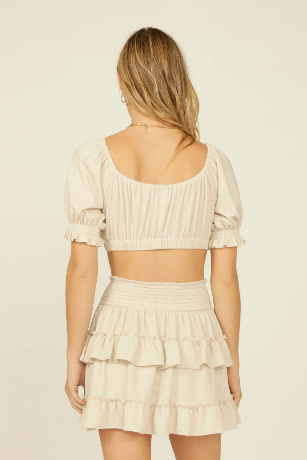Sand Rib Knit Tie Front Balloon Sleeve Crop Top