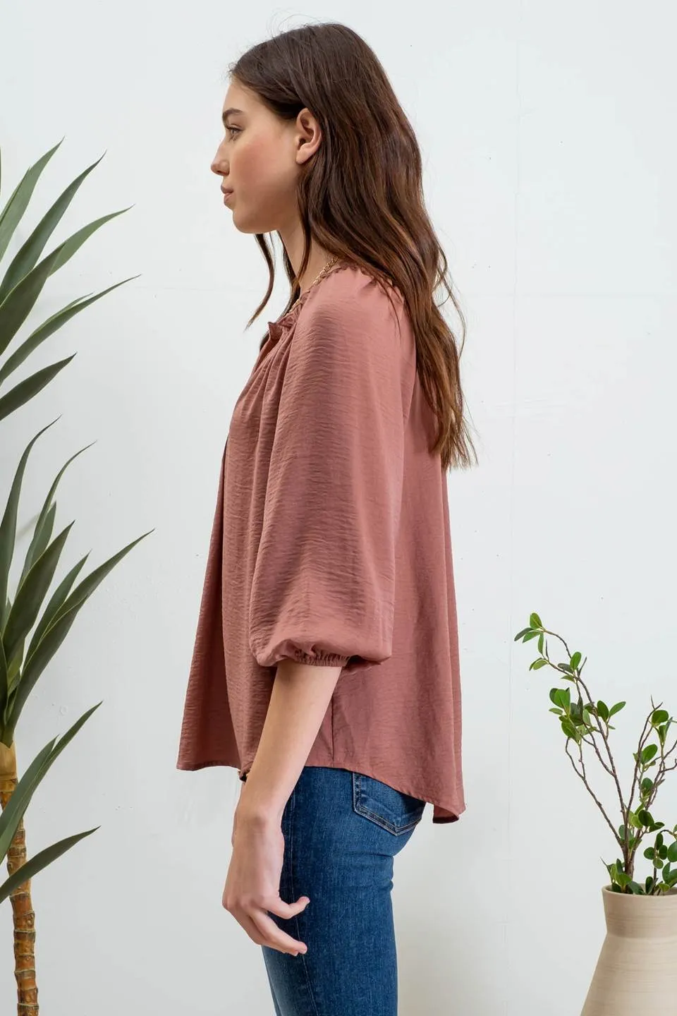 SPLIT NECK 3/4 BALLOON SLEEVE BLOUSE