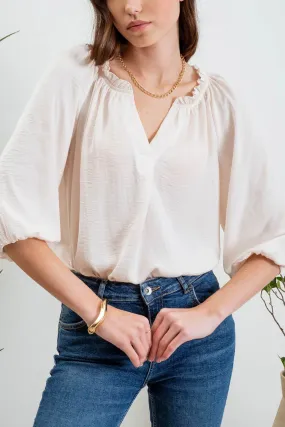 SPLIT NECK 3/4 BALLOON SLEEVE BLOUSE