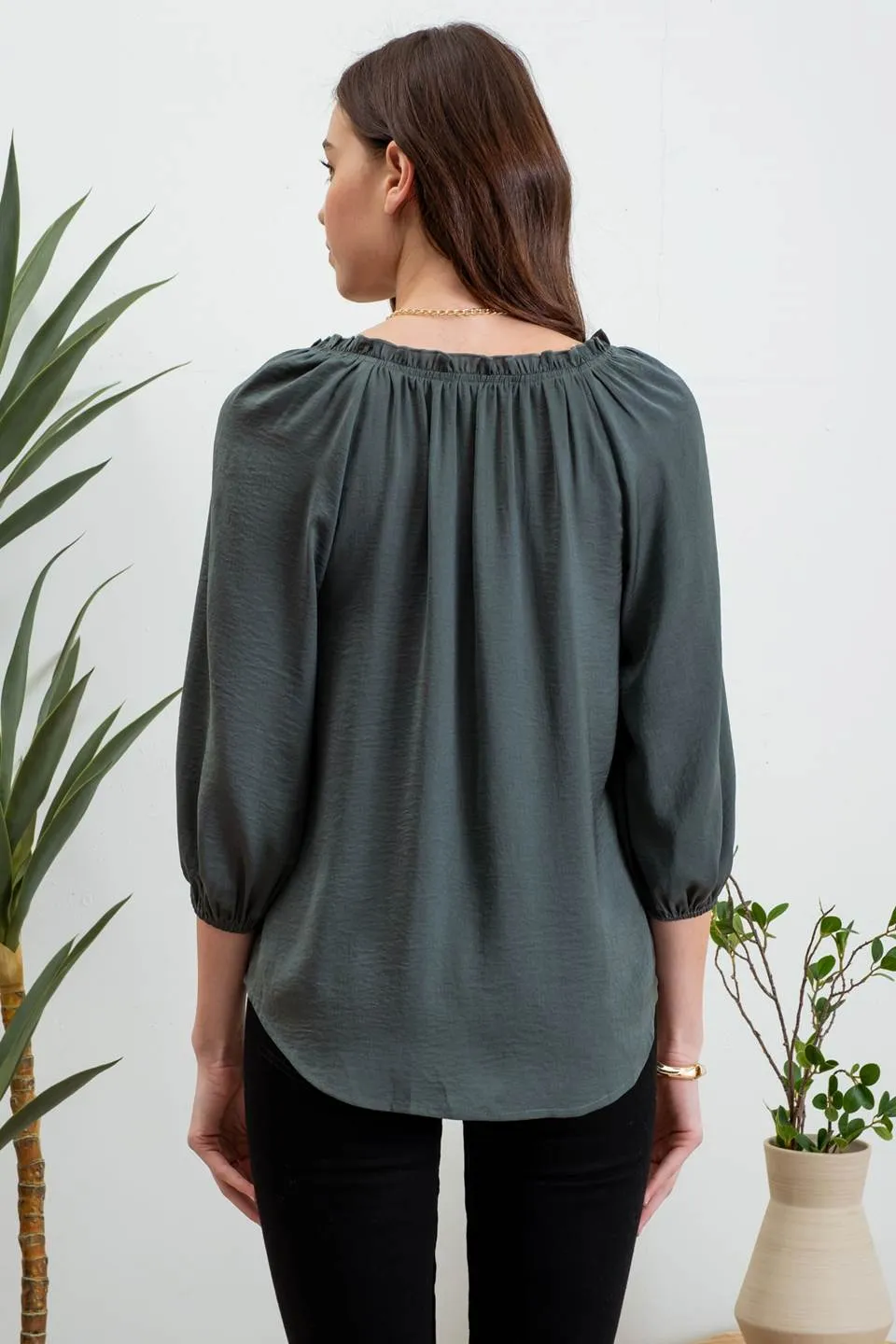 SPLIT NECK 3/4 BALLOON SLEEVE BLOUSE