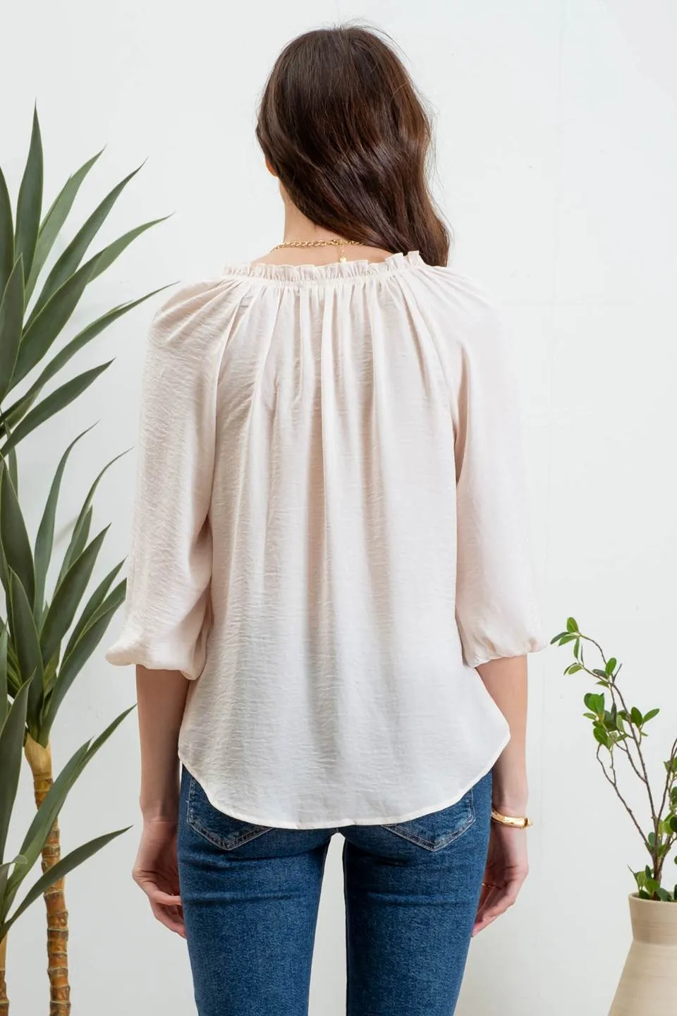 SPLIT NECK 3/4 BALLOON SLEEVE BLOUSE
