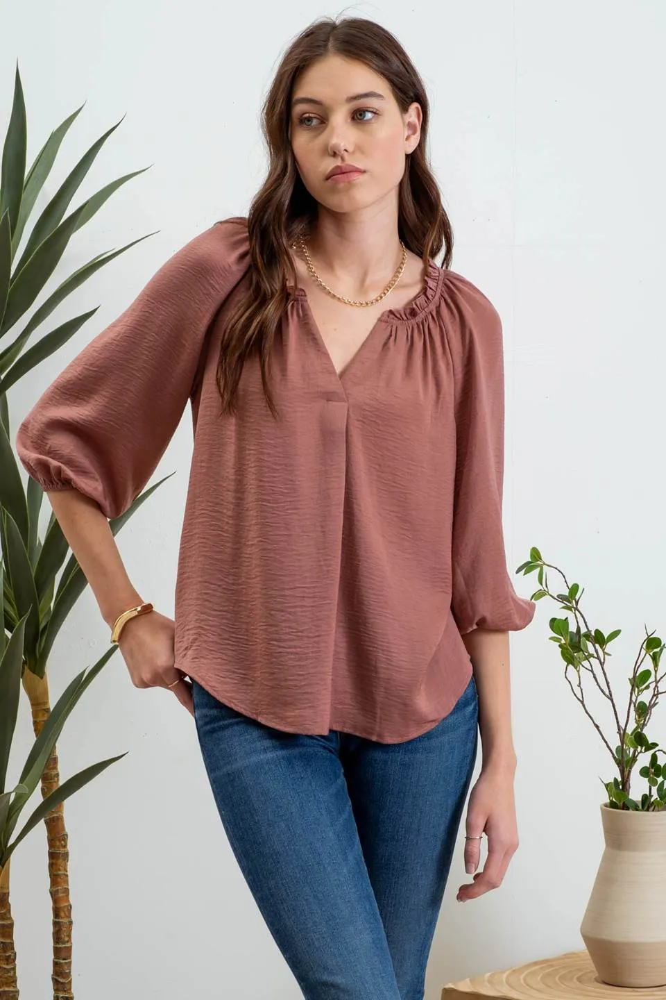 SPLIT NECK 3/4 BALLOON SLEEVE BLOUSE