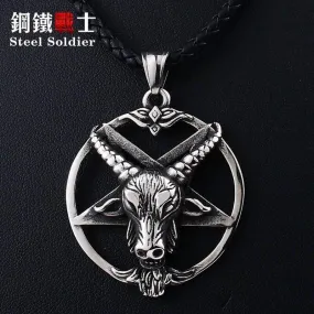 Steeel soldier huge Pentagram ox goat Head Pendant Quality Necklace antique Satanism Occult vintage Star Jewelry