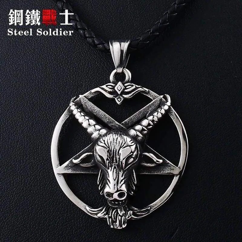 Steeel soldier huge Pentagram ox goat Head Pendant Quality Necklace antique Satanism Occult vintage Star Jewelry