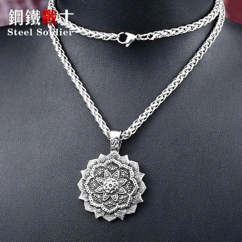 steel solider lotus flower Viking pendant Stainless Steel thor hammer necklace 316 l Steel Men charm Jewelry