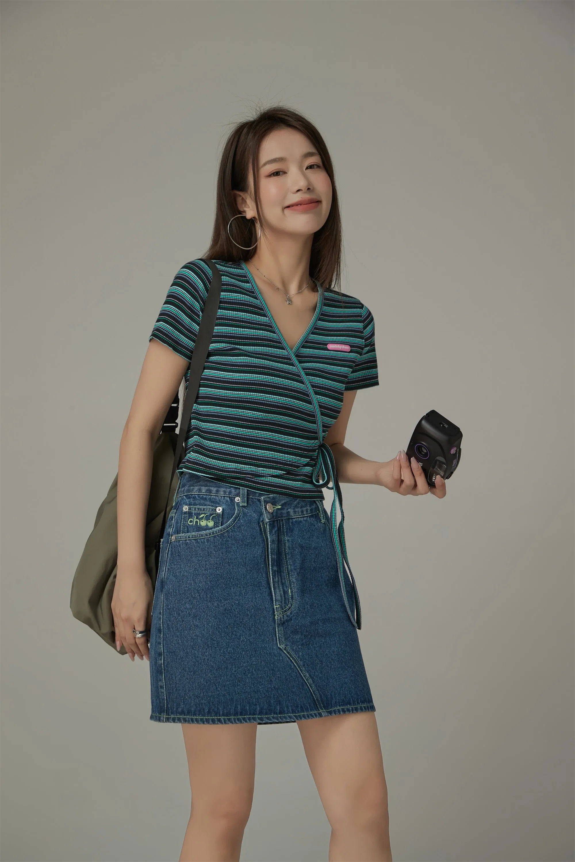 Striped Wrap Ribbon Semi Crop Top