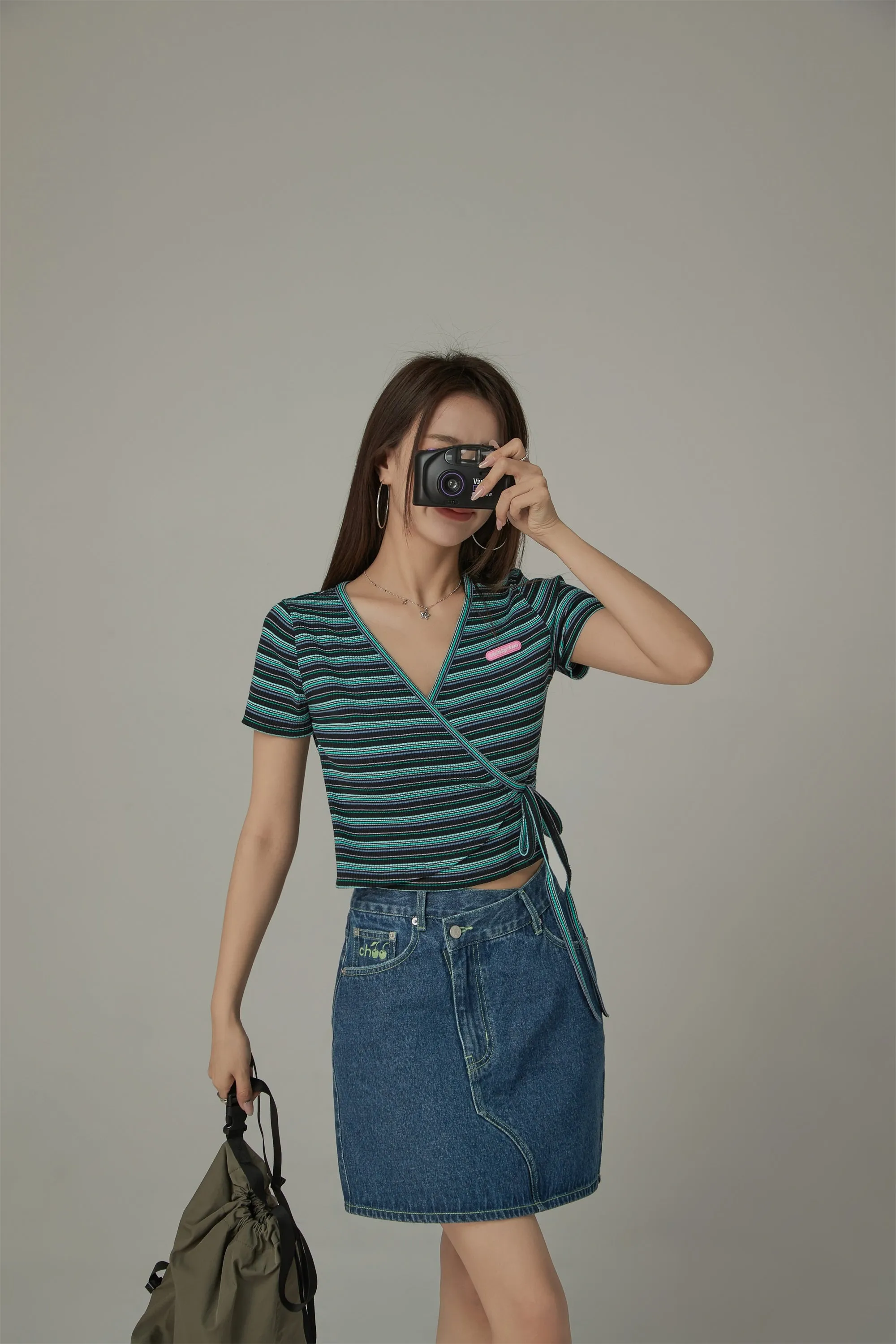 Striped Wrap Ribbon Semi Crop Top