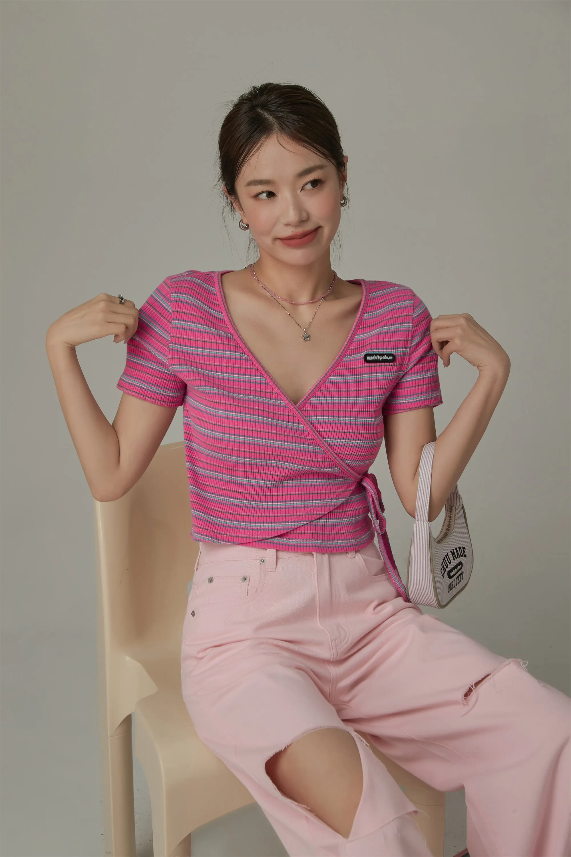 Striped Wrap Ribbon Semi Crop Top