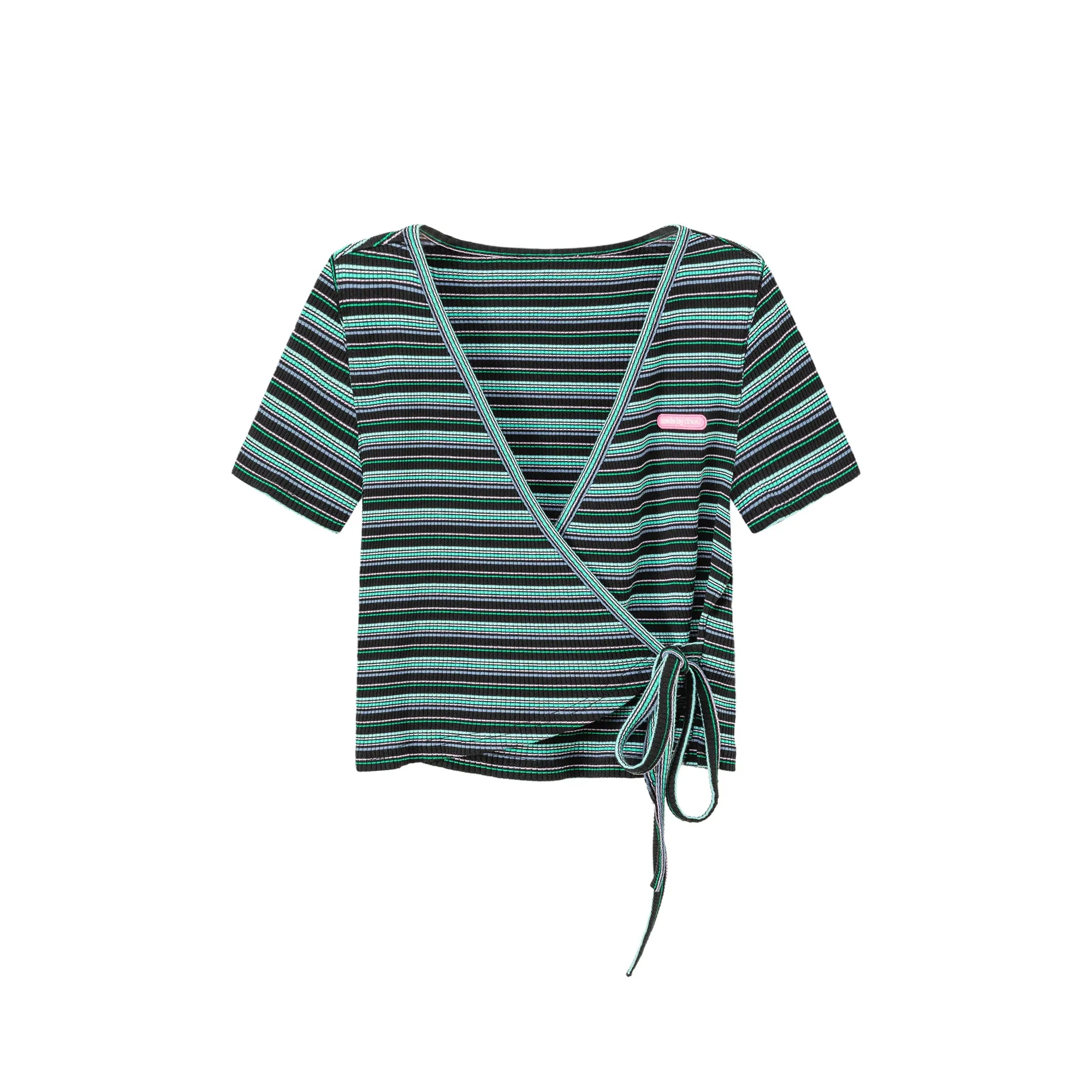Striped Wrap Ribbon Semi Crop Top