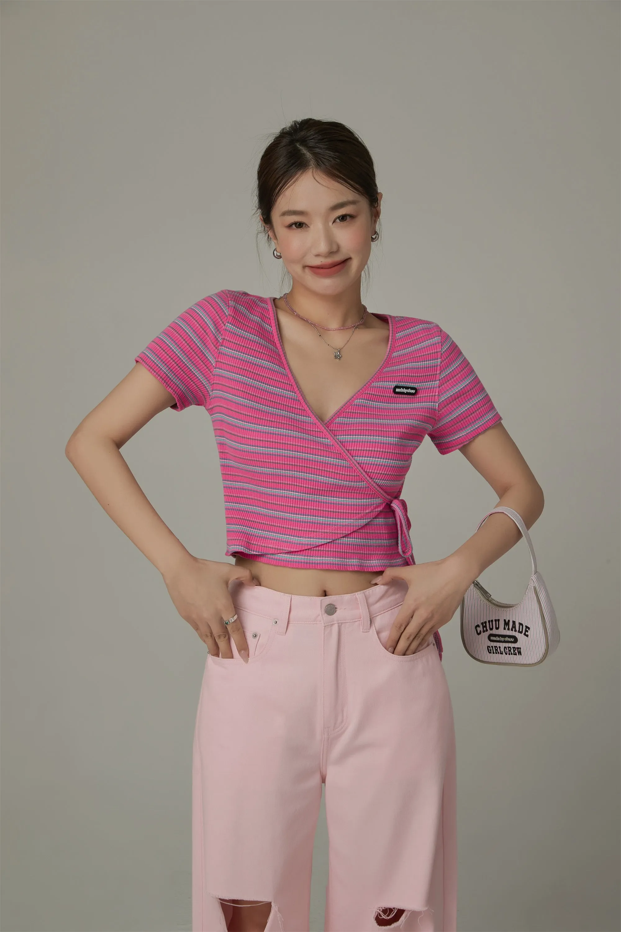 Striped Wrap Ribbon Semi Crop Top