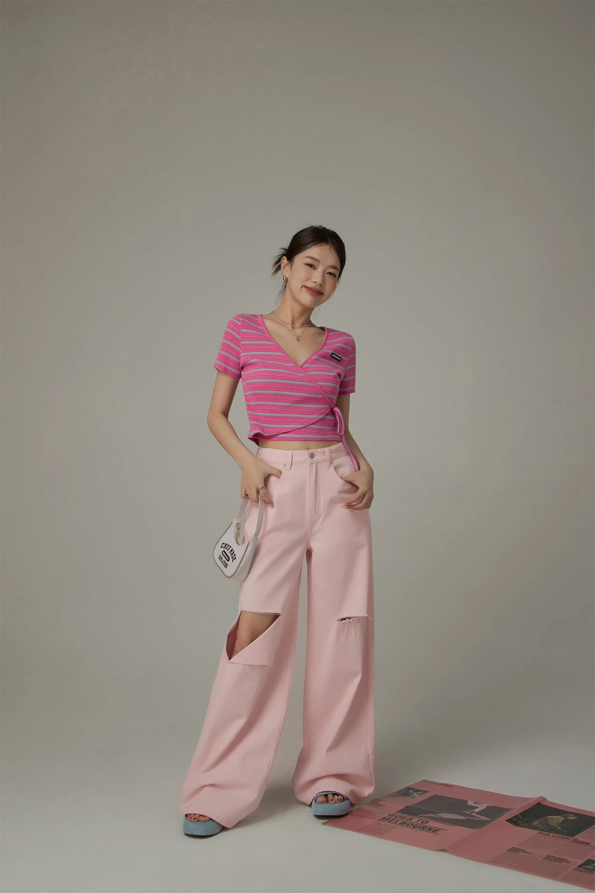 Striped Wrap Ribbon Semi Crop Top