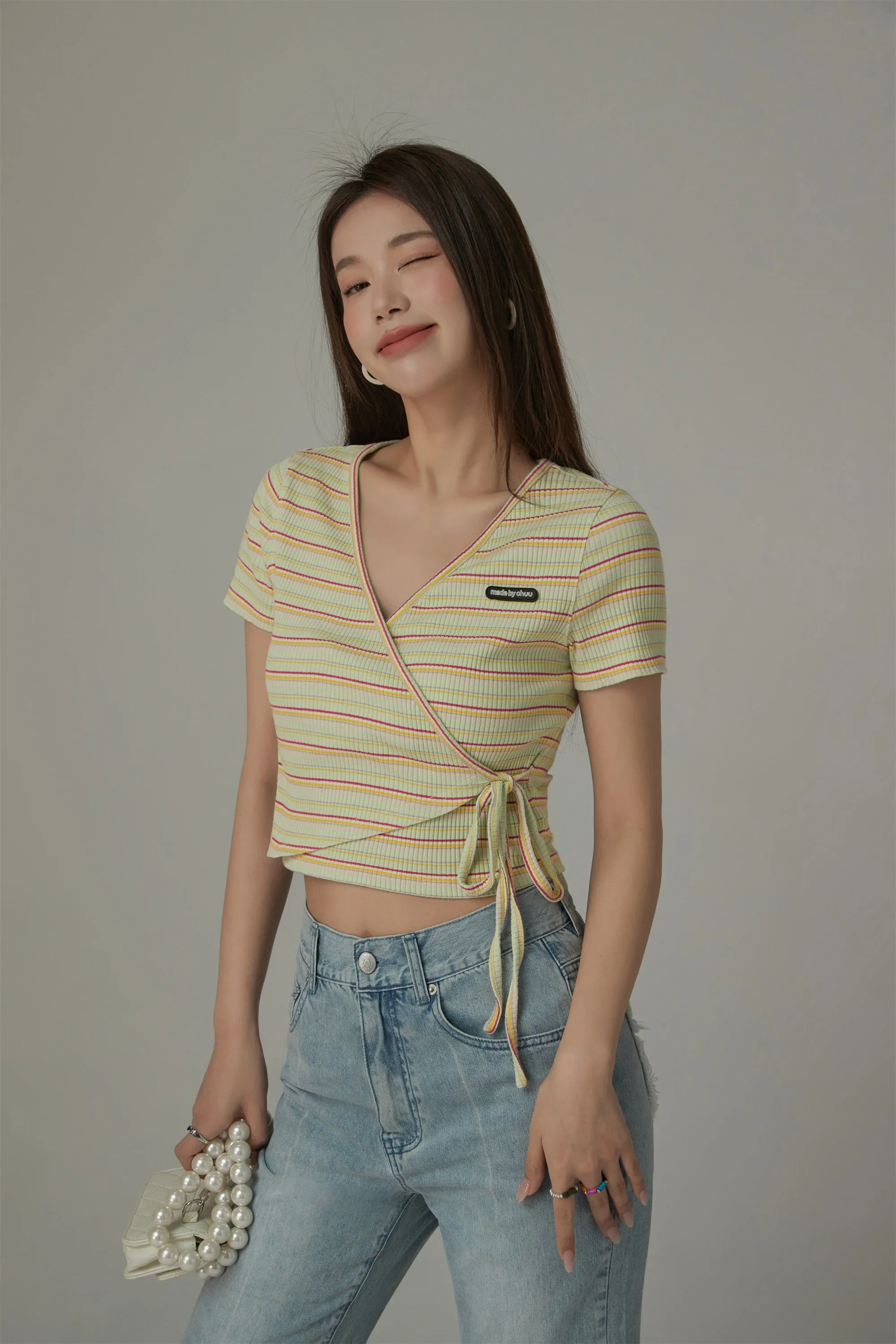 Striped Wrap Ribbon Semi Crop Top