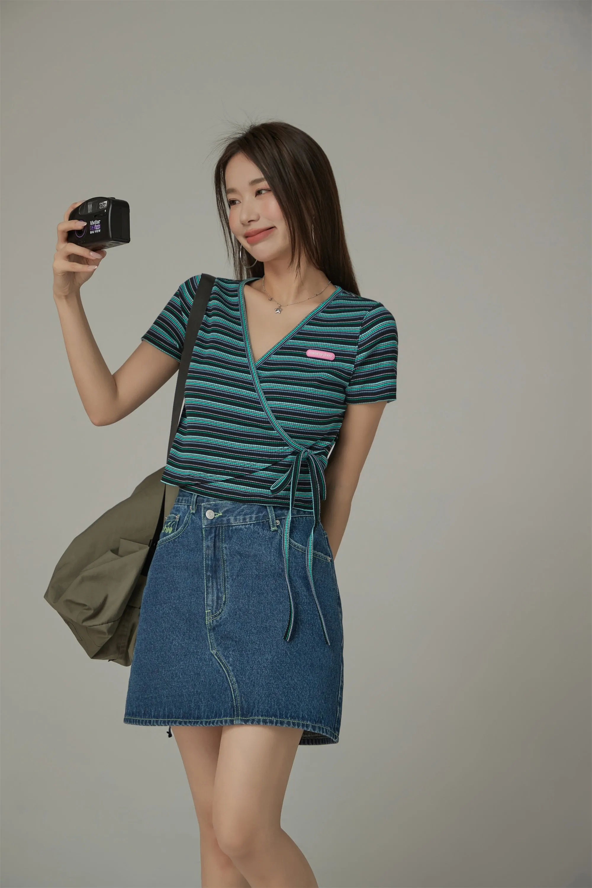Striped Wrap Ribbon Semi Crop Top