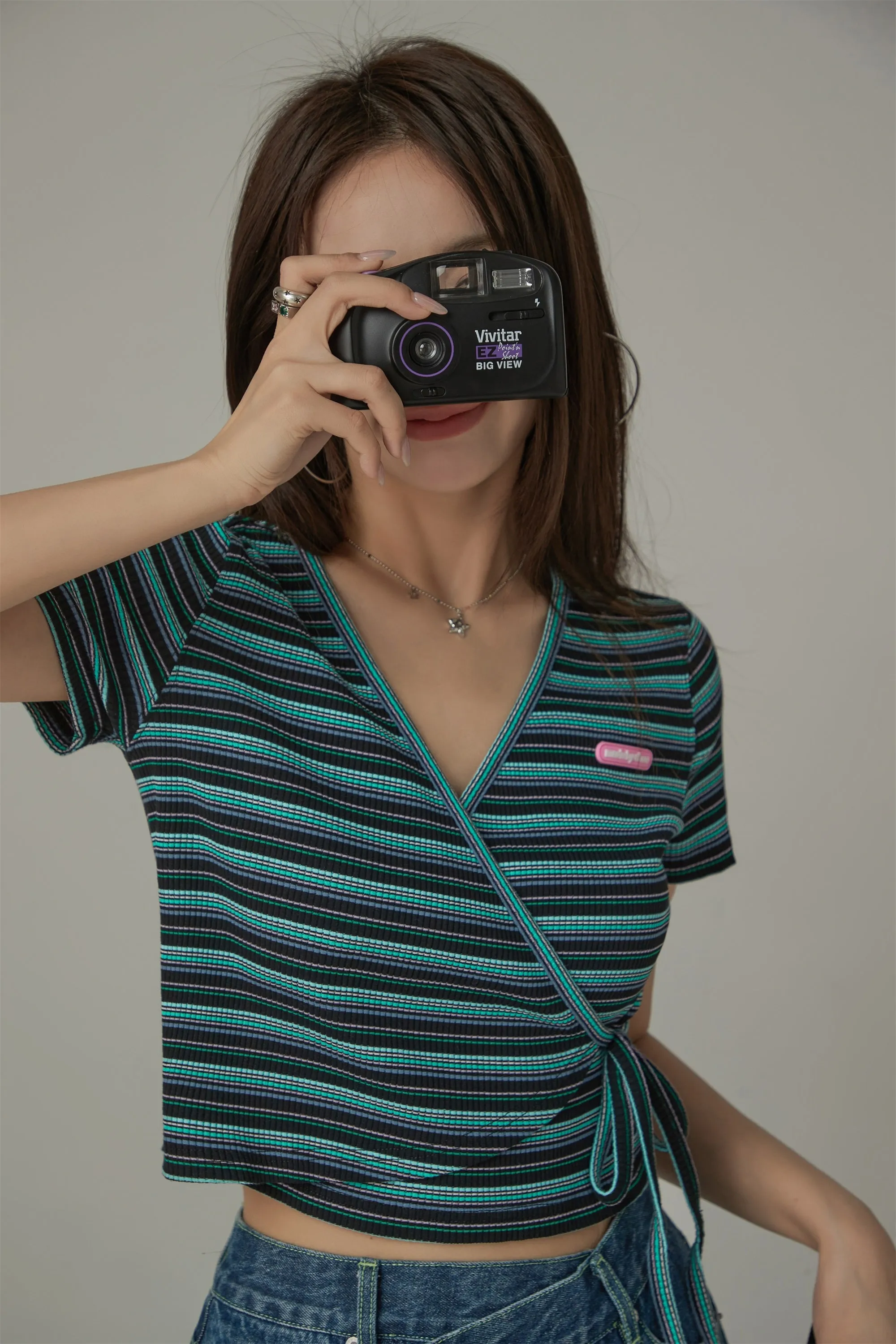Striped Wrap Ribbon Semi Crop Top