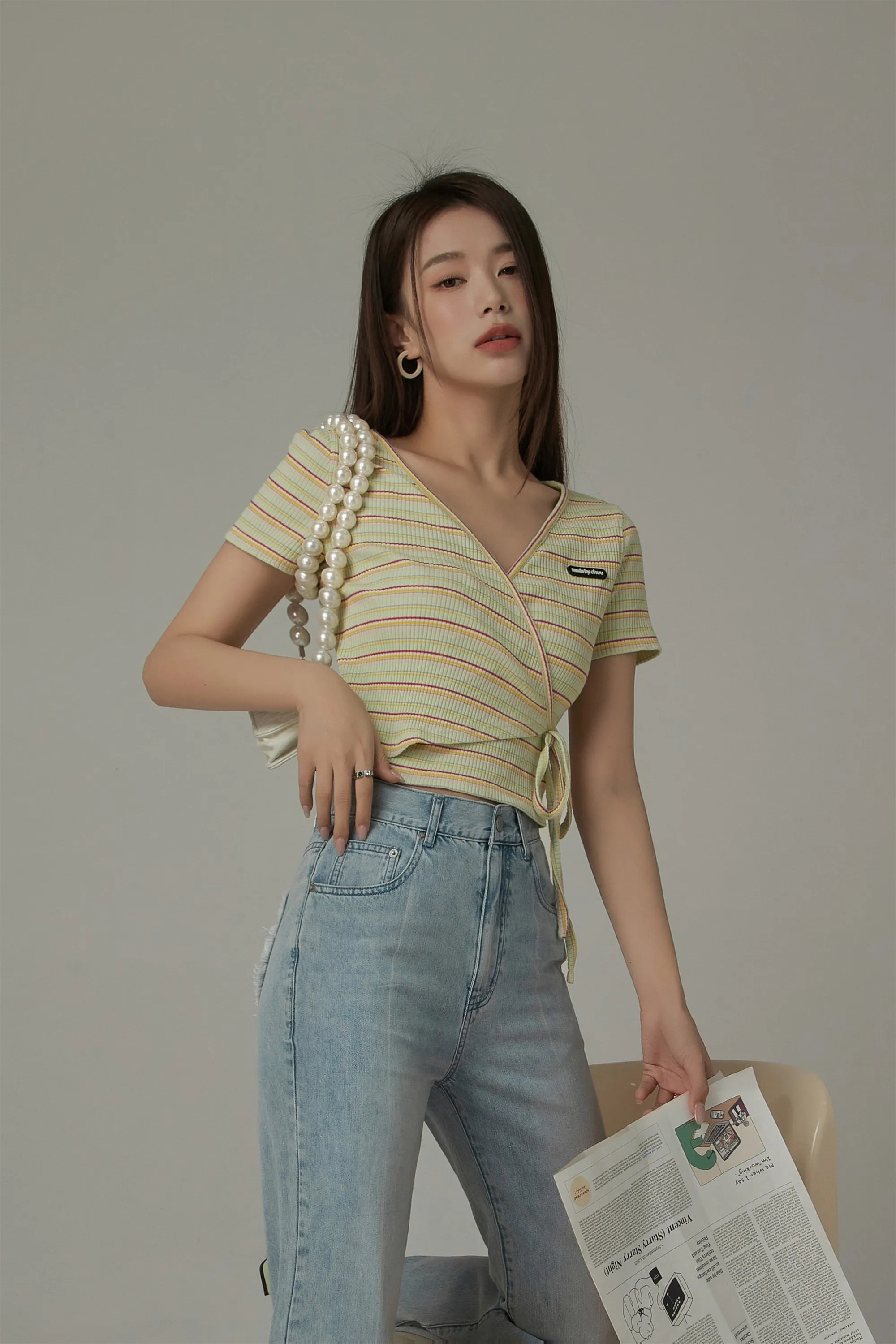Striped Wrap Ribbon Semi Crop Top