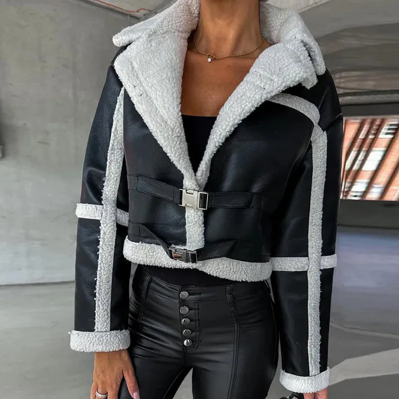 UAKISS  -  Black Print Patchwork Moto & Biker Jackets Women Loose Casual Long Sleeve Short Coat Female Lapel Autumn Winter Club Outerwear