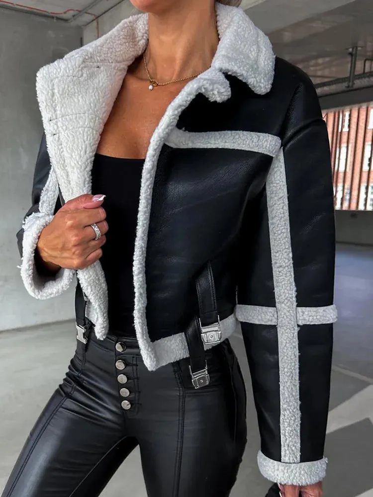 UAKISS  -  Black Print Patchwork Moto & Biker Jackets Women Loose Casual Long Sleeve Short Coat Female Lapel Autumn Winter Club Outerwear