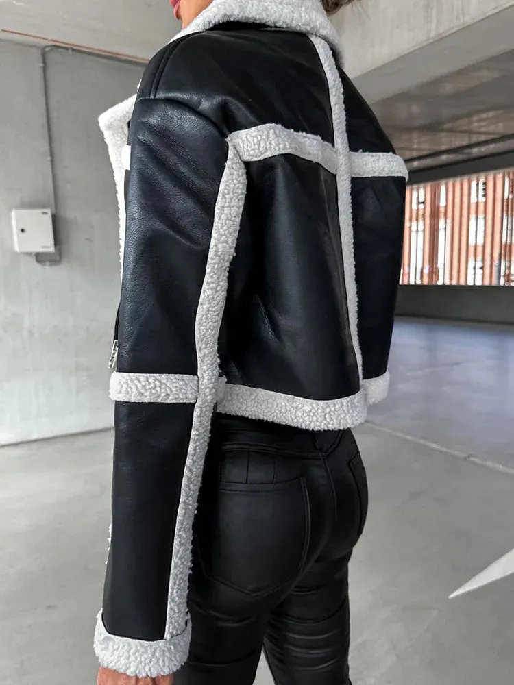 UAKISS  -  Black Print Patchwork Moto & Biker Jackets Women Loose Casual Long Sleeve Short Coat Female Lapel Autumn Winter Club Outerwear