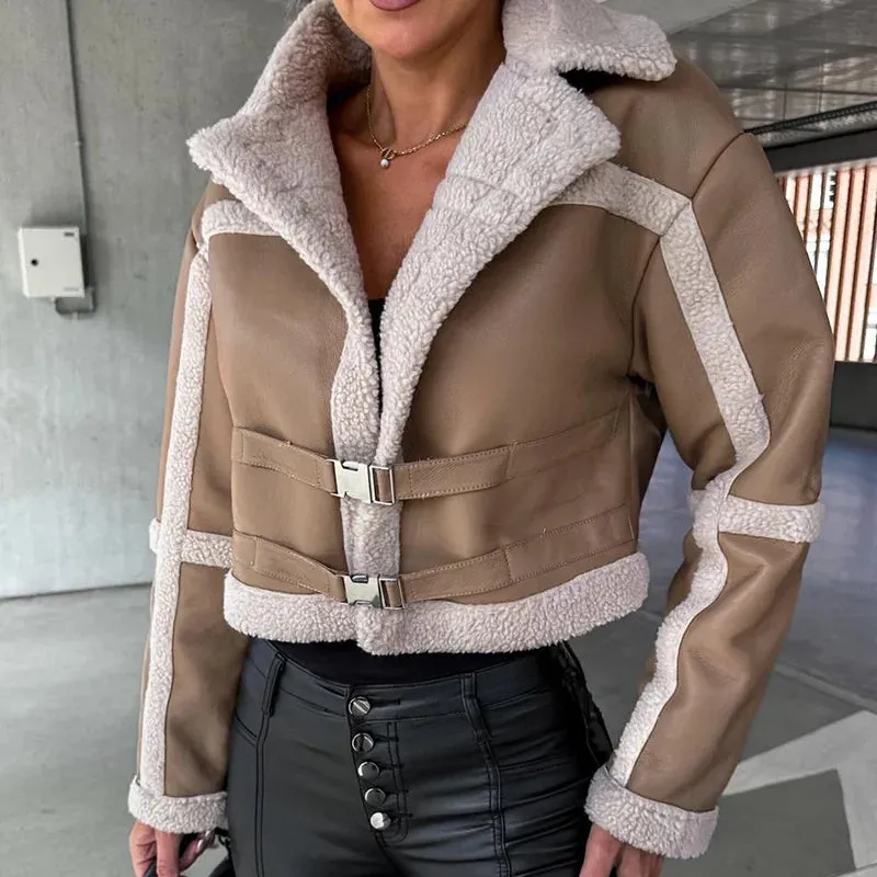 UAKISS  -  Black Print Patchwork Moto & Biker Jackets Women Loose Casual Long Sleeve Short Coat Female Lapel Autumn Winter Club Outerwear
