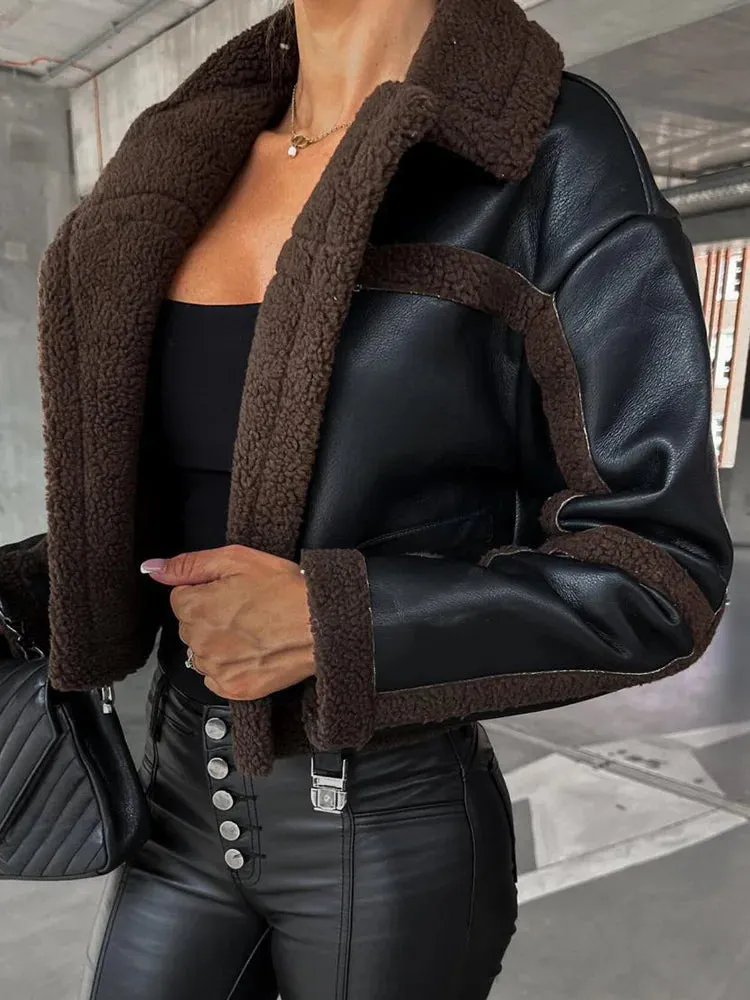 UAKISS  -  Black Print Patchwork Moto & Biker Jackets Women Loose Casual Long Sleeve Short Coat Female Lapel Autumn Winter Club Outerwear